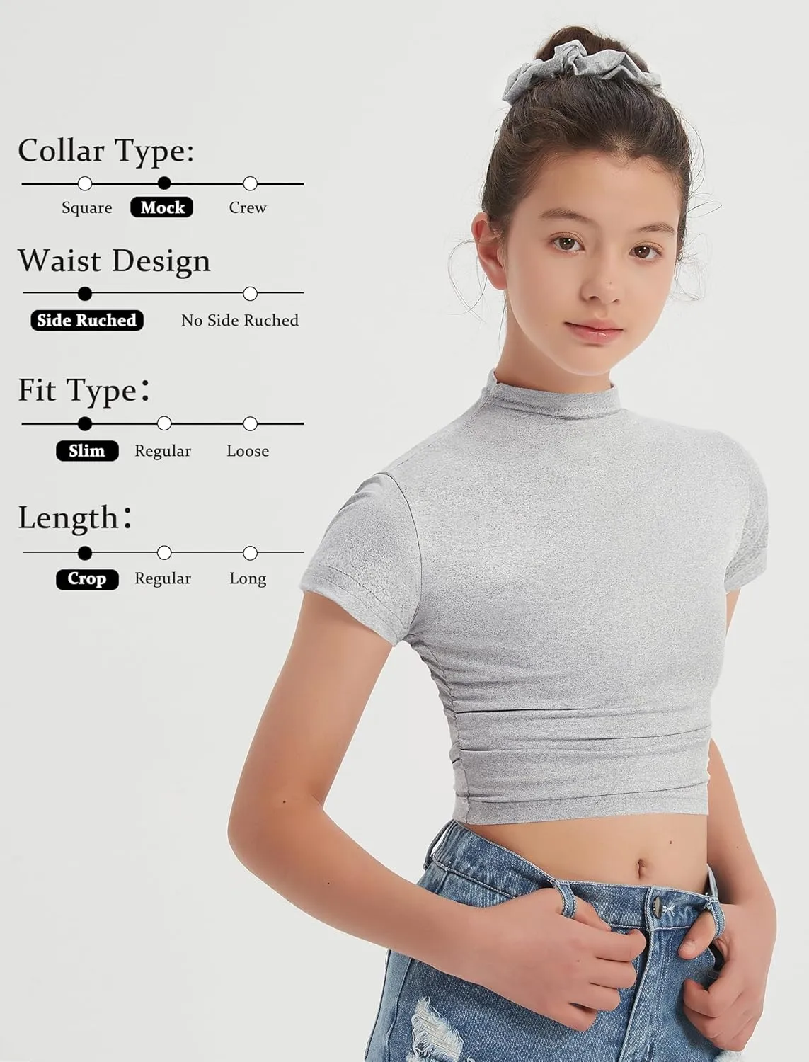 EXARUS 3 Pack Girls Cropped Slim Fit T Shirts Short Sleeve Soft Basic Crew/Mock/Square Neck Tees Side Waist Ruched Tops