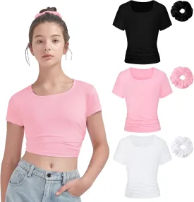 EXARUS 3 Pack Girls Cropped Slim Fit T Shirts Short Sleeve Soft Basic Crew/Mock/Square Neck Tees Side Waist Ruched Tops