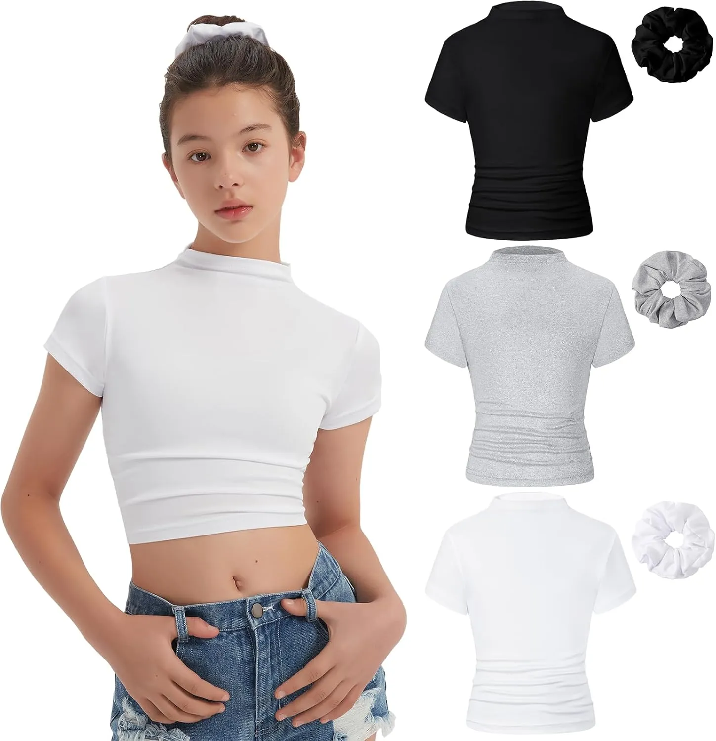EXARUS 3 Pack Girls Cropped Slim Fit T Shirts Short Sleeve Soft Basic Crew/Mock/Square Neck Tees Side Waist Ruched Tops