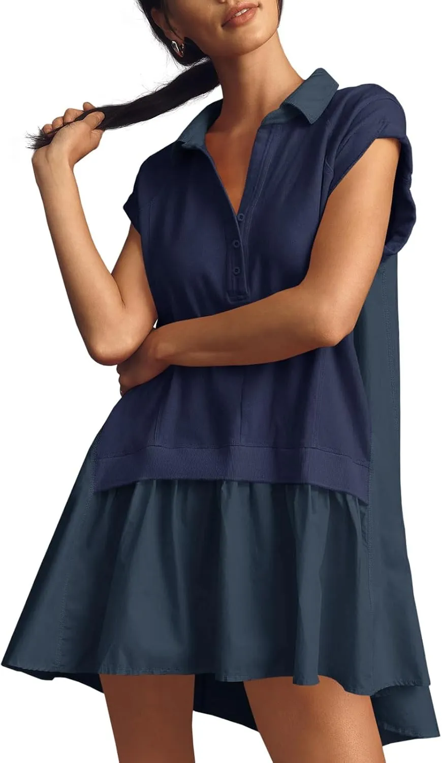 Fisoew Womens Summer Sweatshirt Dresses Short Sleeve V Neck Casual Oversized Patchwork Mini Dress Dark Blue, Large