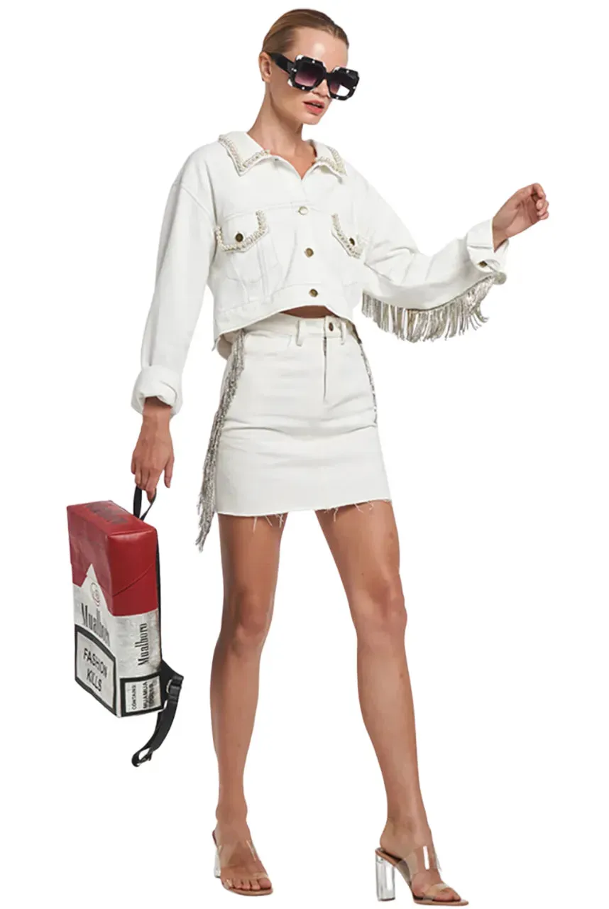 Forever Karl Rhinestone Fringes Crop Denim Jacket