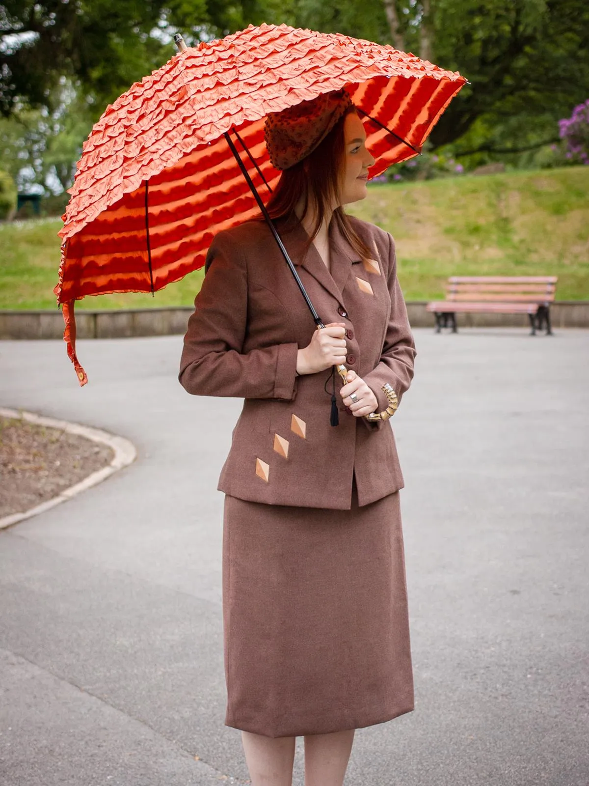 Frilly Rust Vintage Style Parasol Umbrella Bamboo Handle
