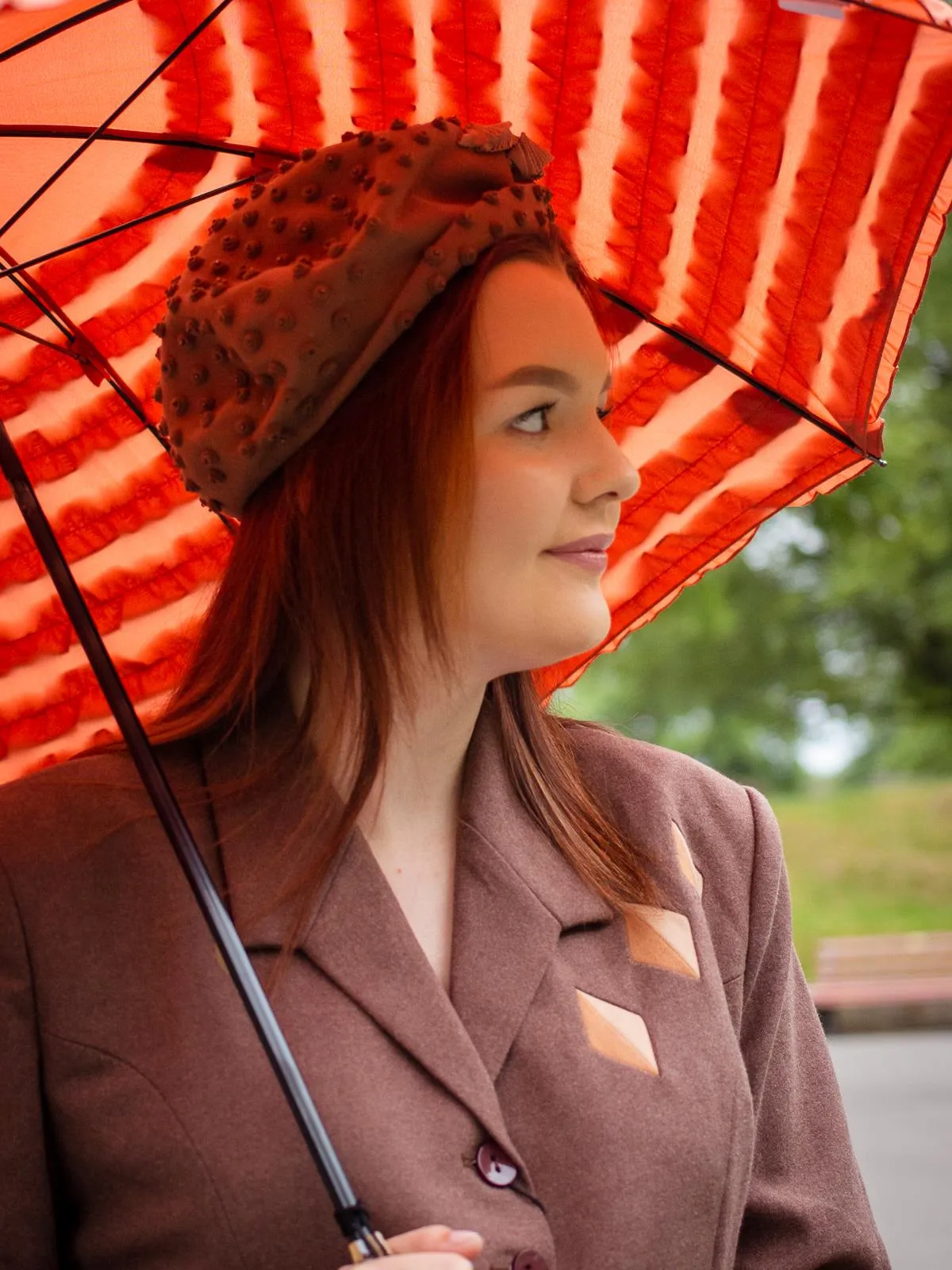 Frilly Rust Vintage Style Parasol Umbrella Bamboo Handle