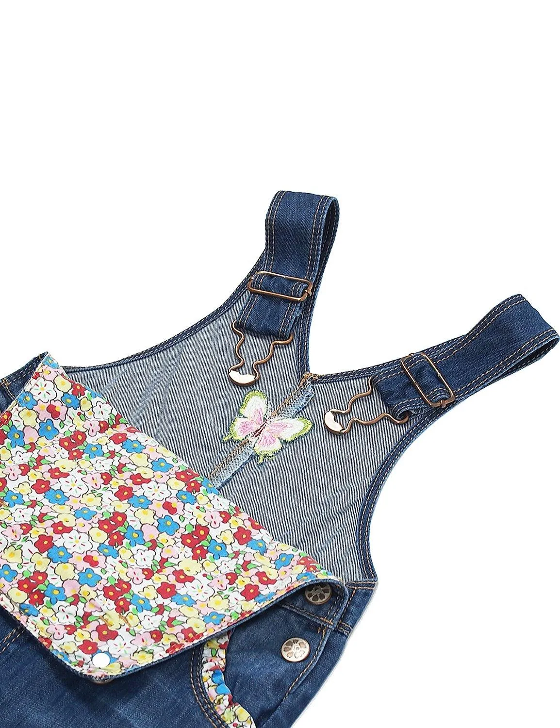 Girls Big Pocket Embroidered Ripped Denim Overalls