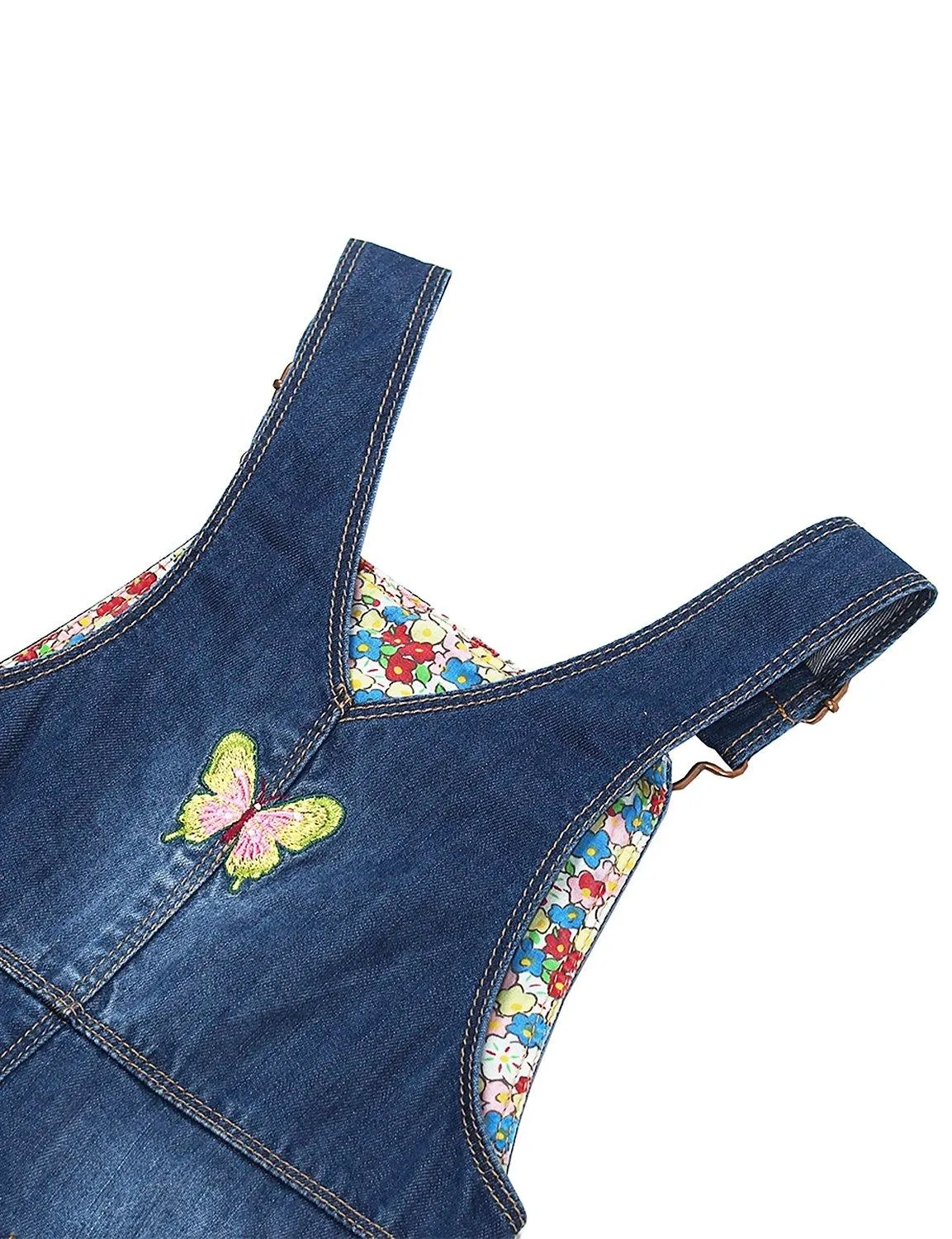 Girls Big Pocket Embroidered Ripped Denim Overalls