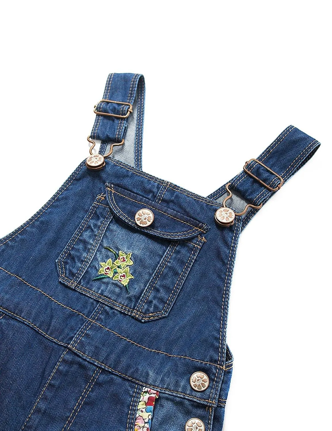 Girls Big Pocket Embroidered Ripped Denim Overalls