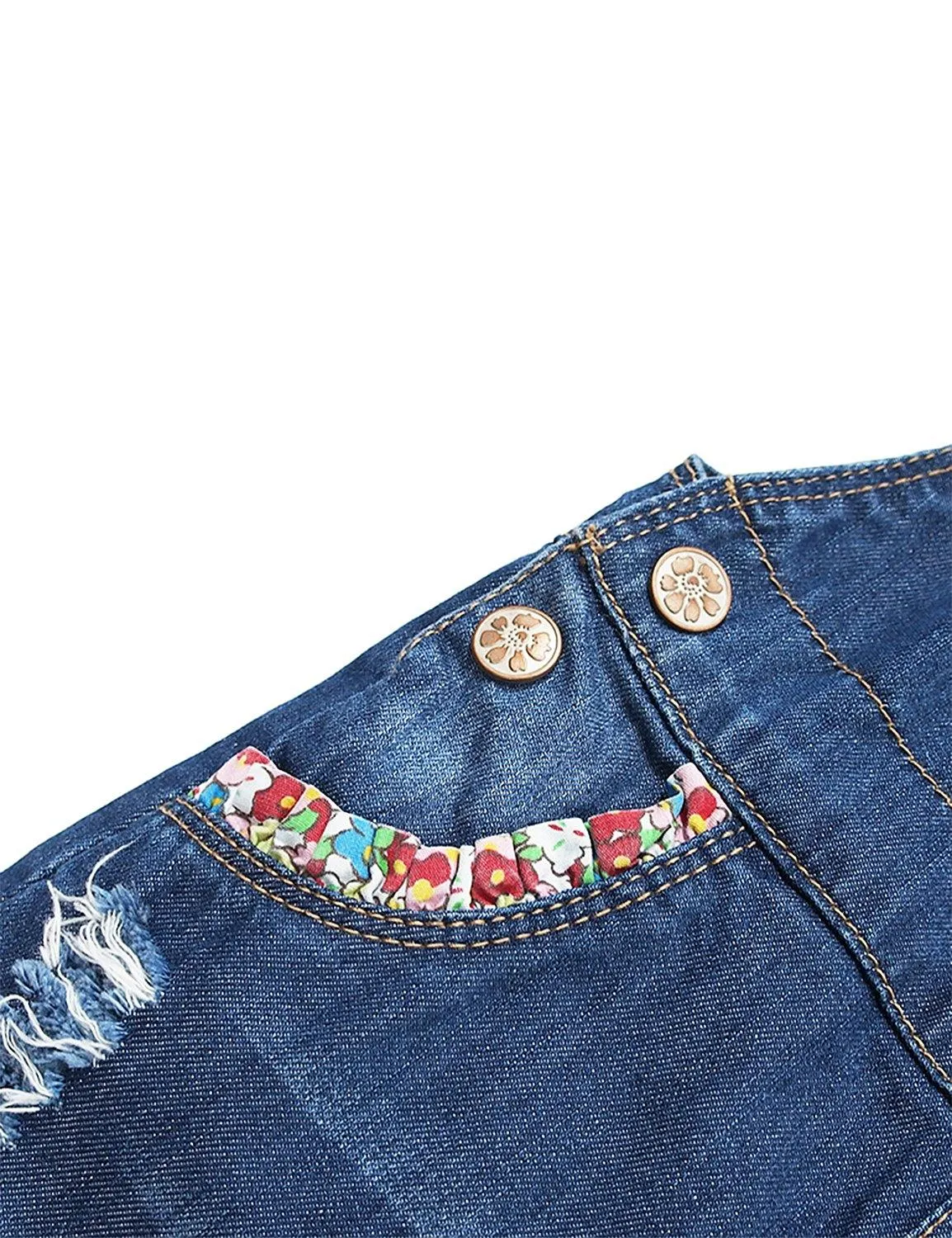 Girls Big Pocket Embroidered Ripped Denim Overalls