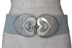 Gold Gray Elastic Belt Silver Heart Multi Rhinestones Women S M