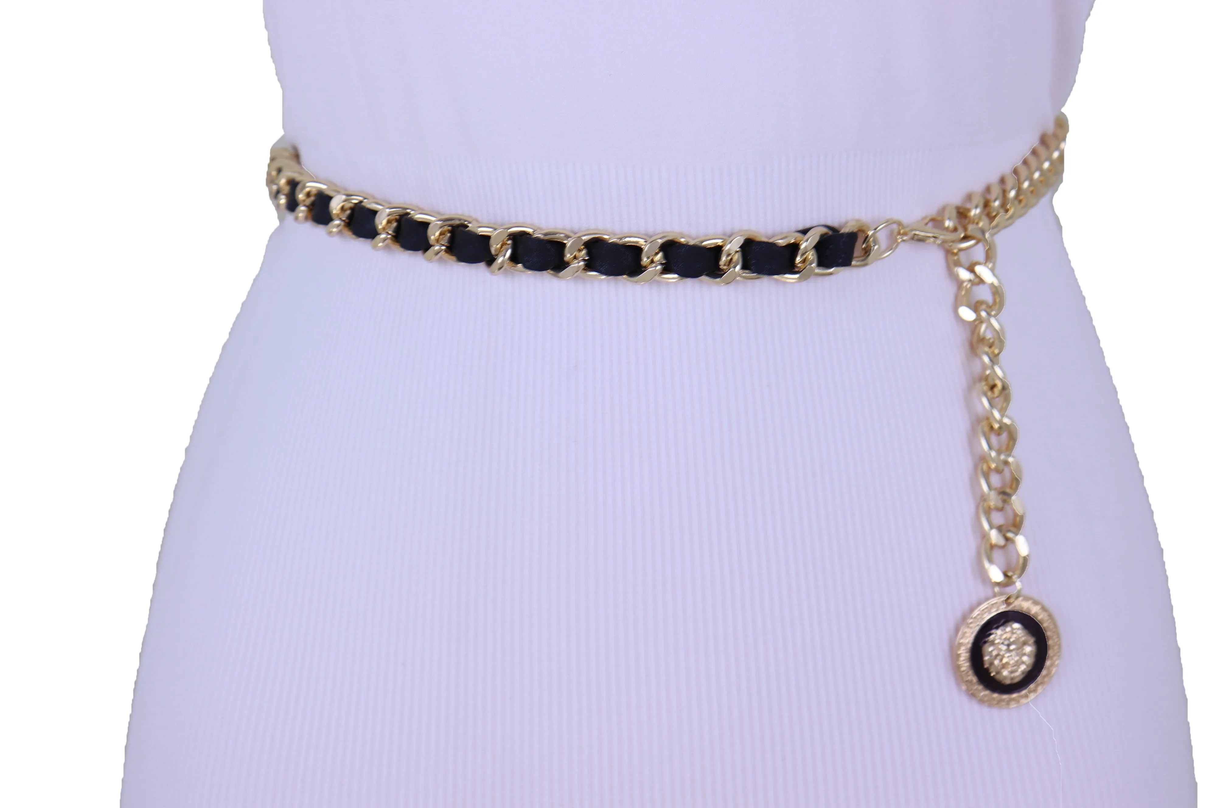 Gold Metal & Black Fabric Skinny Chain Belt with Lion Medallion Clasp End
