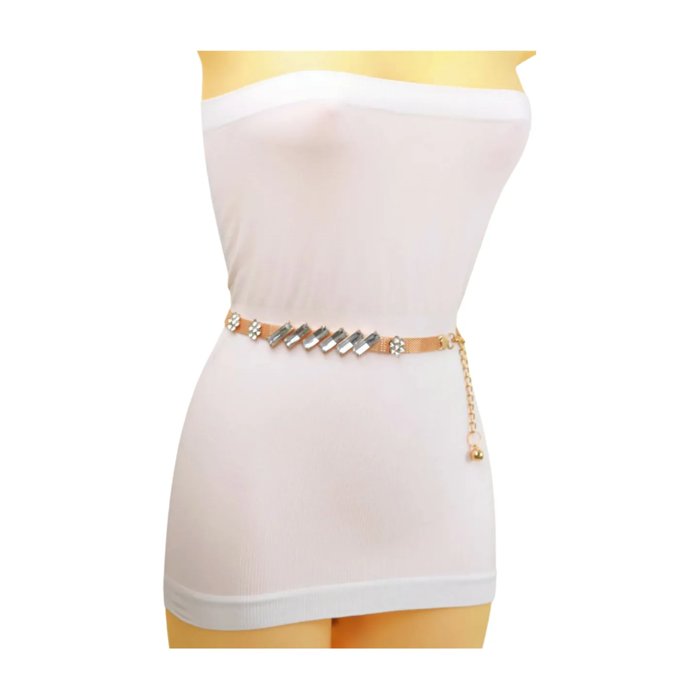 Gold Metal Chain Belt Flower Charms Long Beads Size S M L