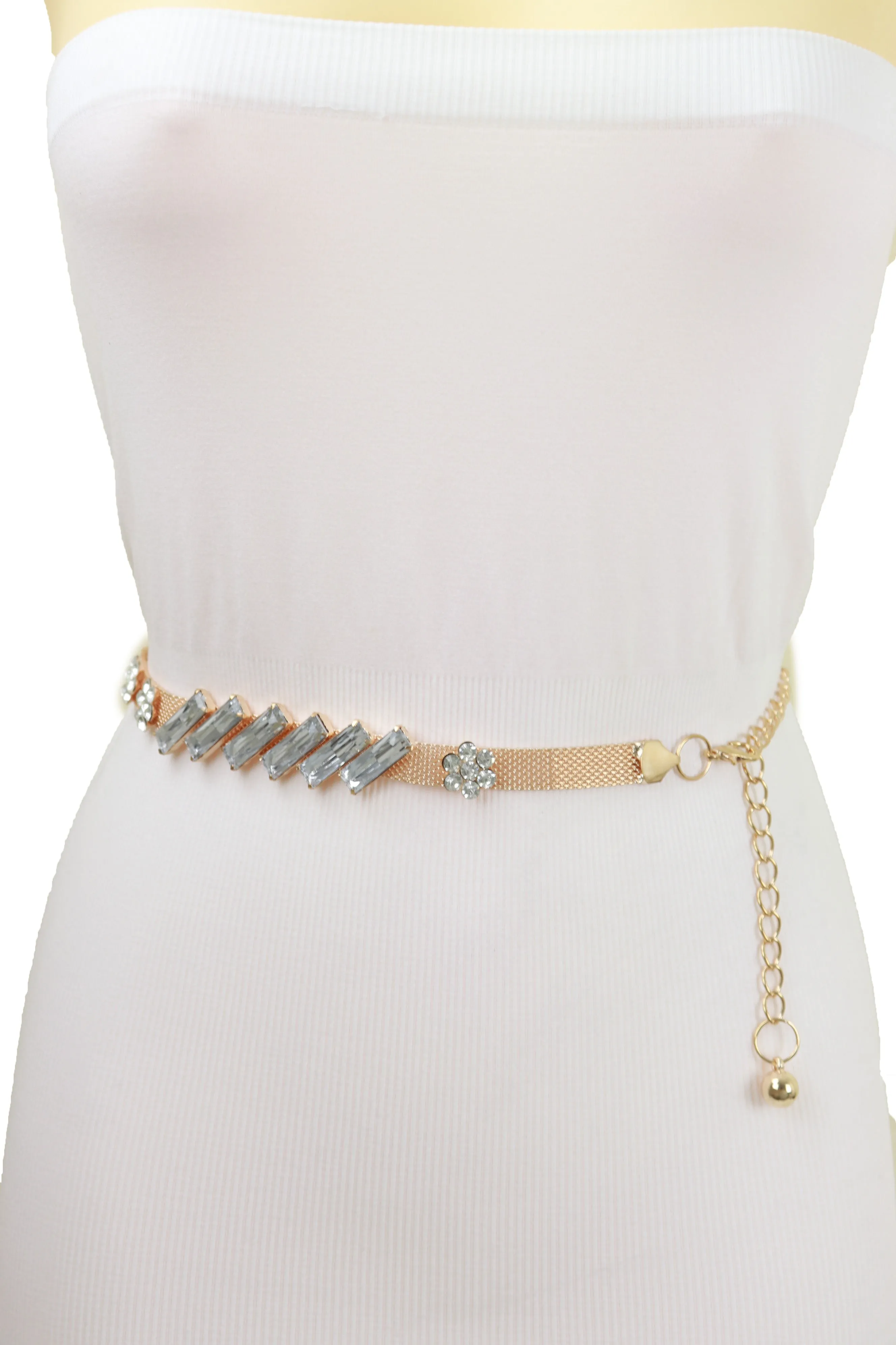 Gold Metal Chain Belt Flower Charms Long Beads Size S M L