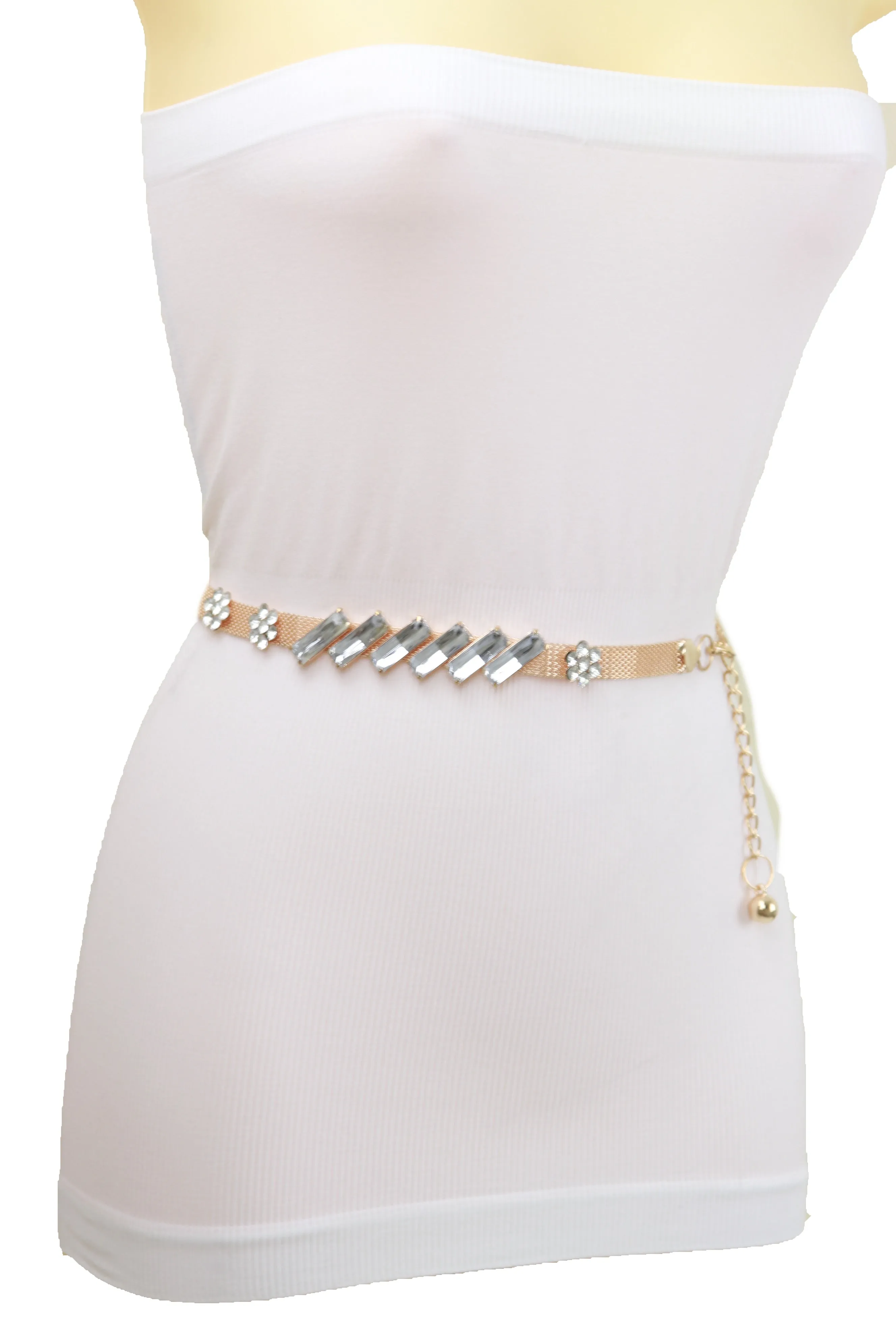 Gold Metal Chain Belt Flower Charms Long Beads Size S M L