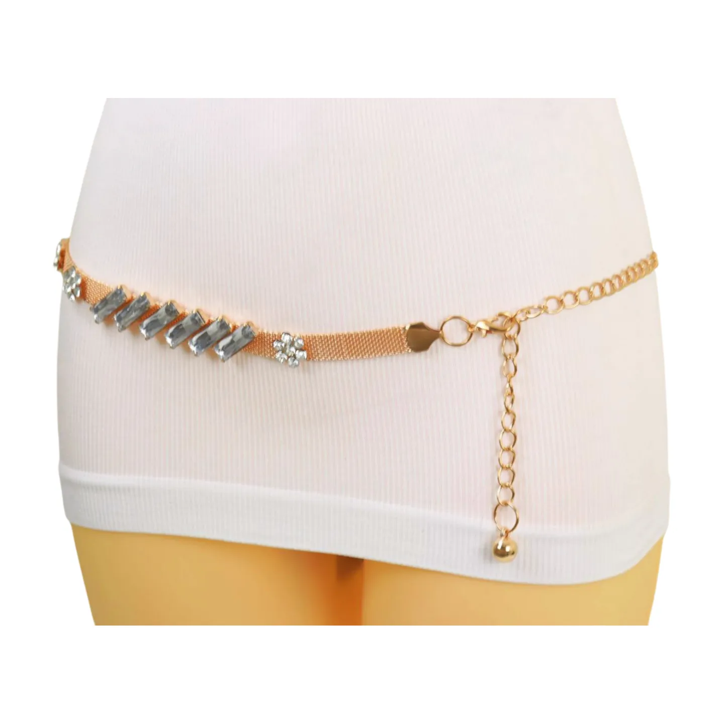 Gold Metal Chain Belt Flower Charms Long Beads Size S M L