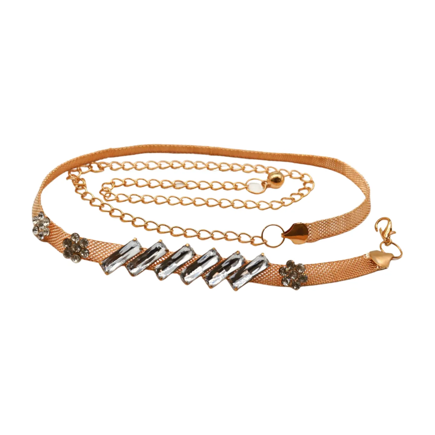 Gold Metal Chain Belt Flower Charms Long Beads Size S M L