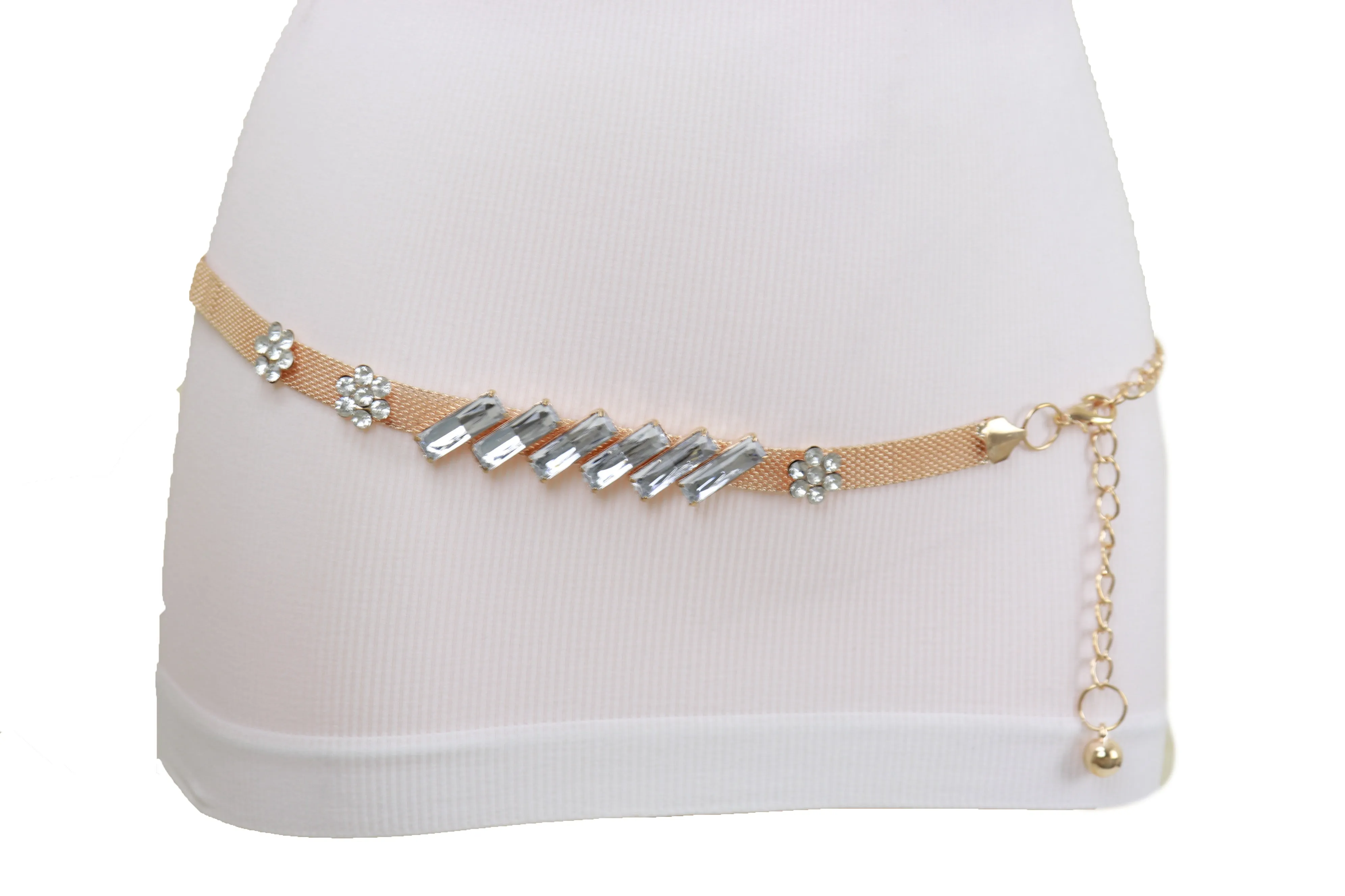 Gold Metal Chain Belt Flower Charms Long Beads Size S M L