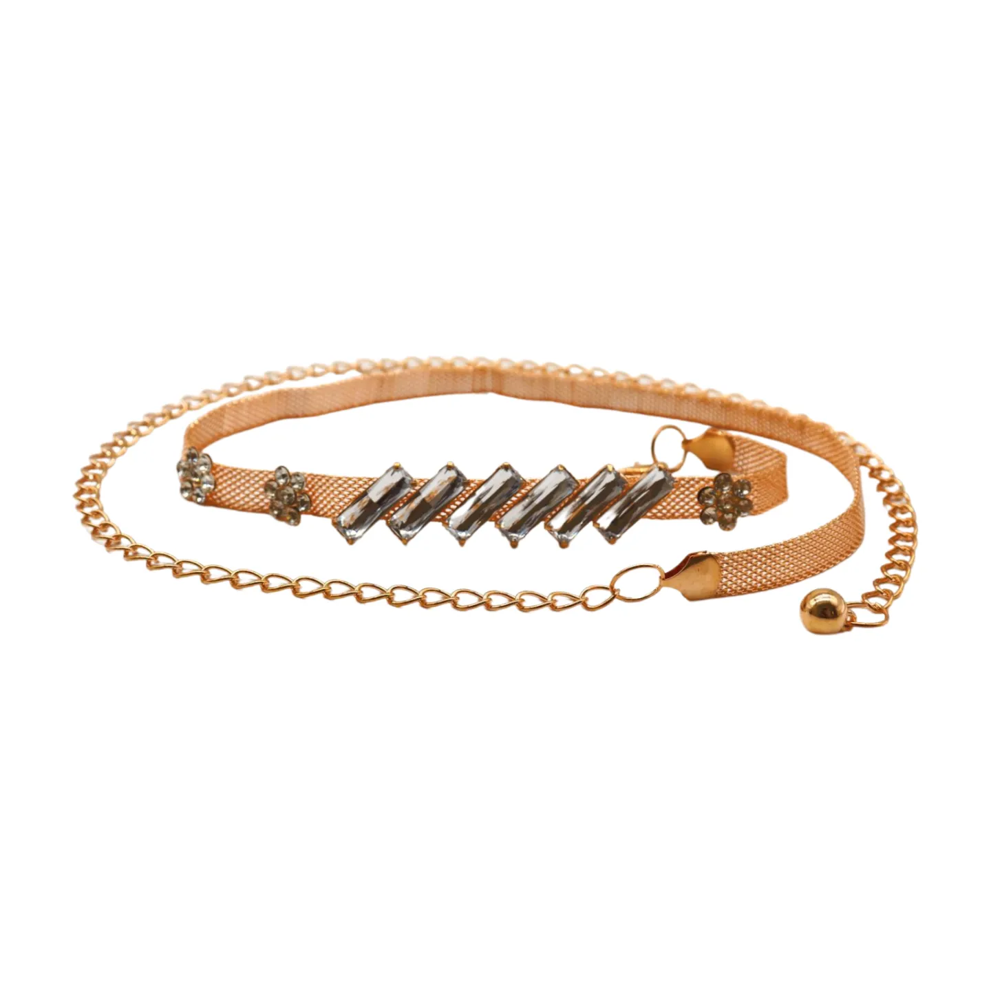 Gold Metal Chain Belt Flower Charms Long Beads Size S M L