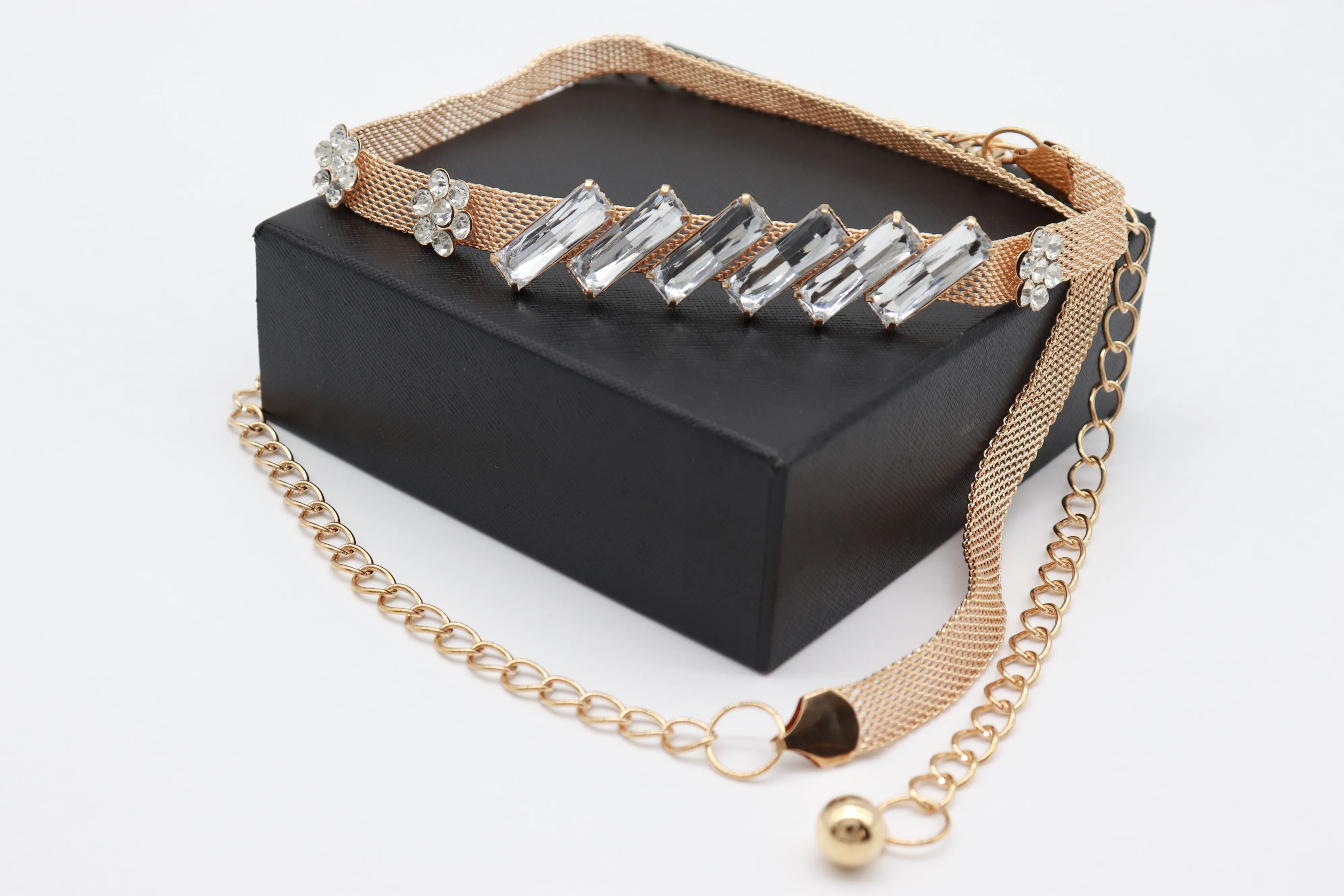 Gold Metal Chain Belt Flower Charms Long Beads Size S M L