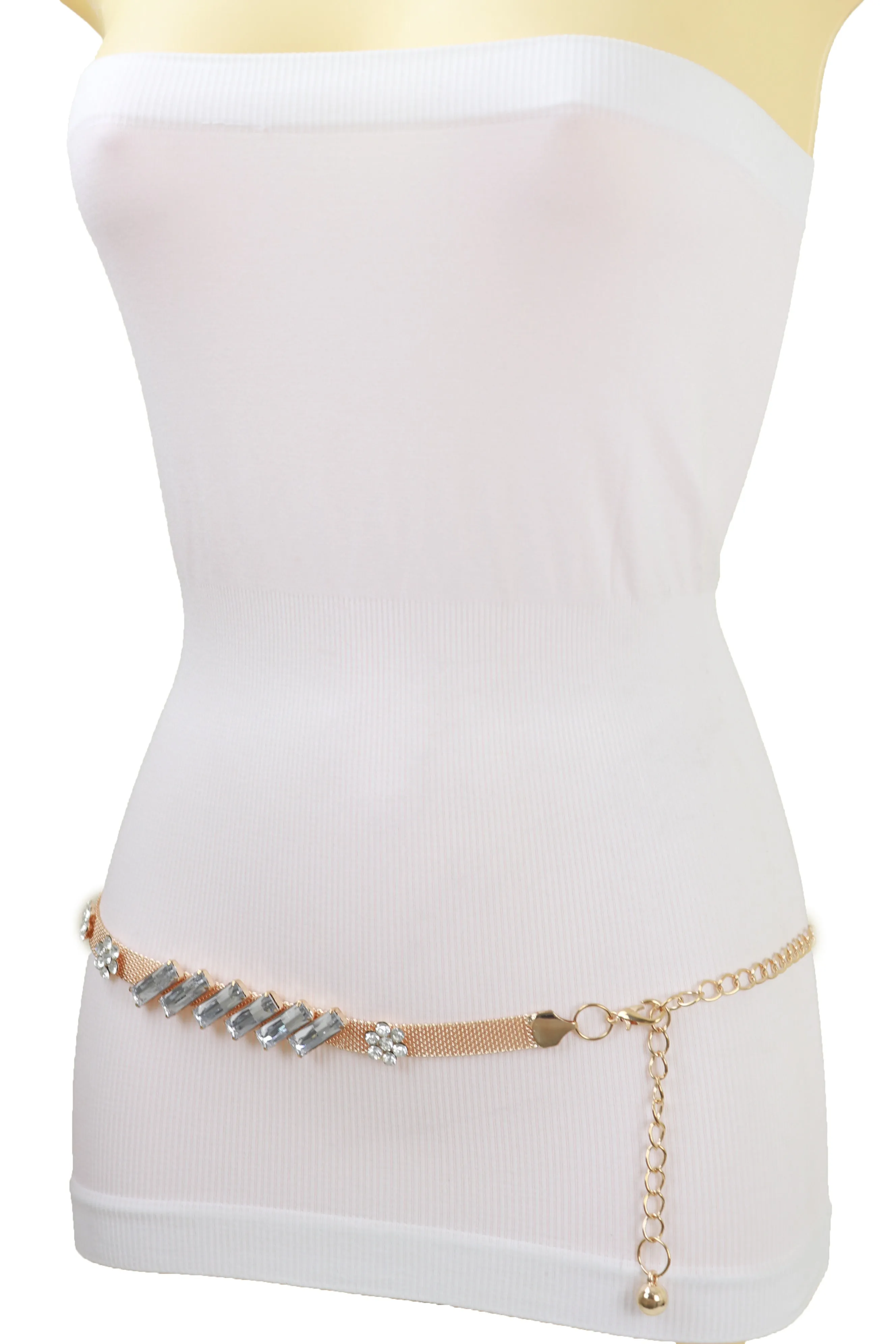 Gold Metal Chain Belt Flower Charms Long Beads Size S M L