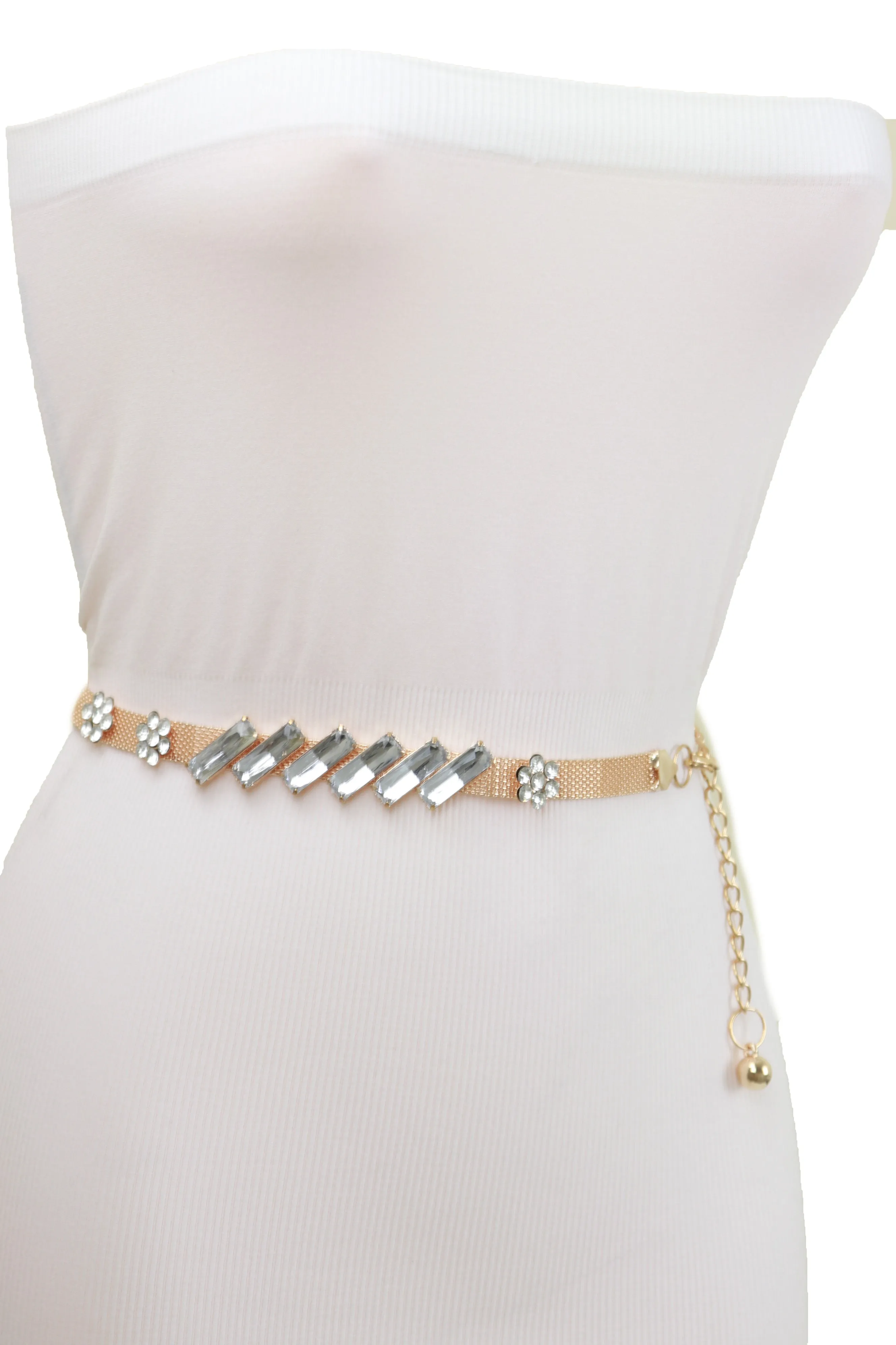 Gold Metal Chain Belt Flower Charms Long Beads Size S M L