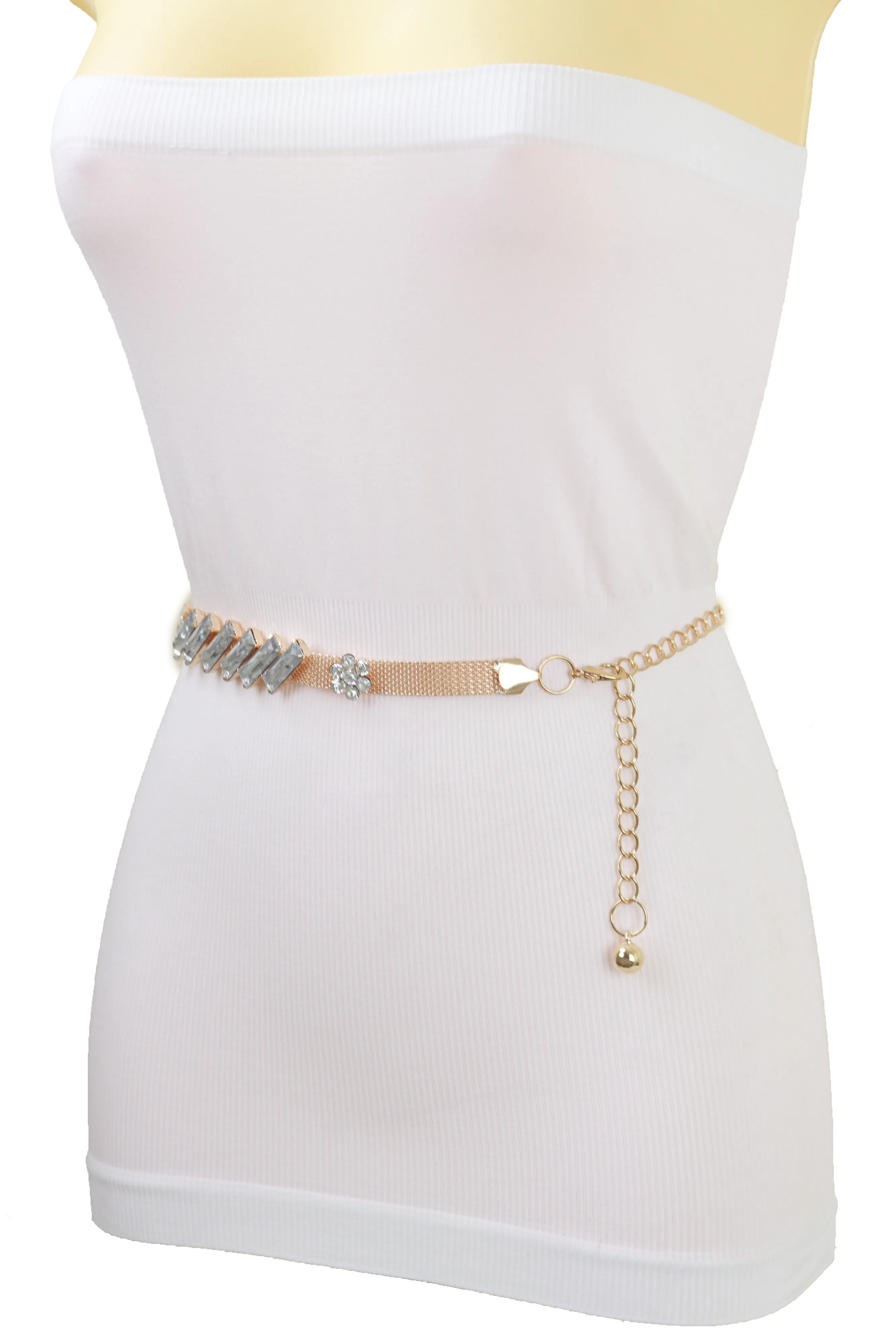Gold Metal Chain Belt Flower Charms Long Beads Size S M L