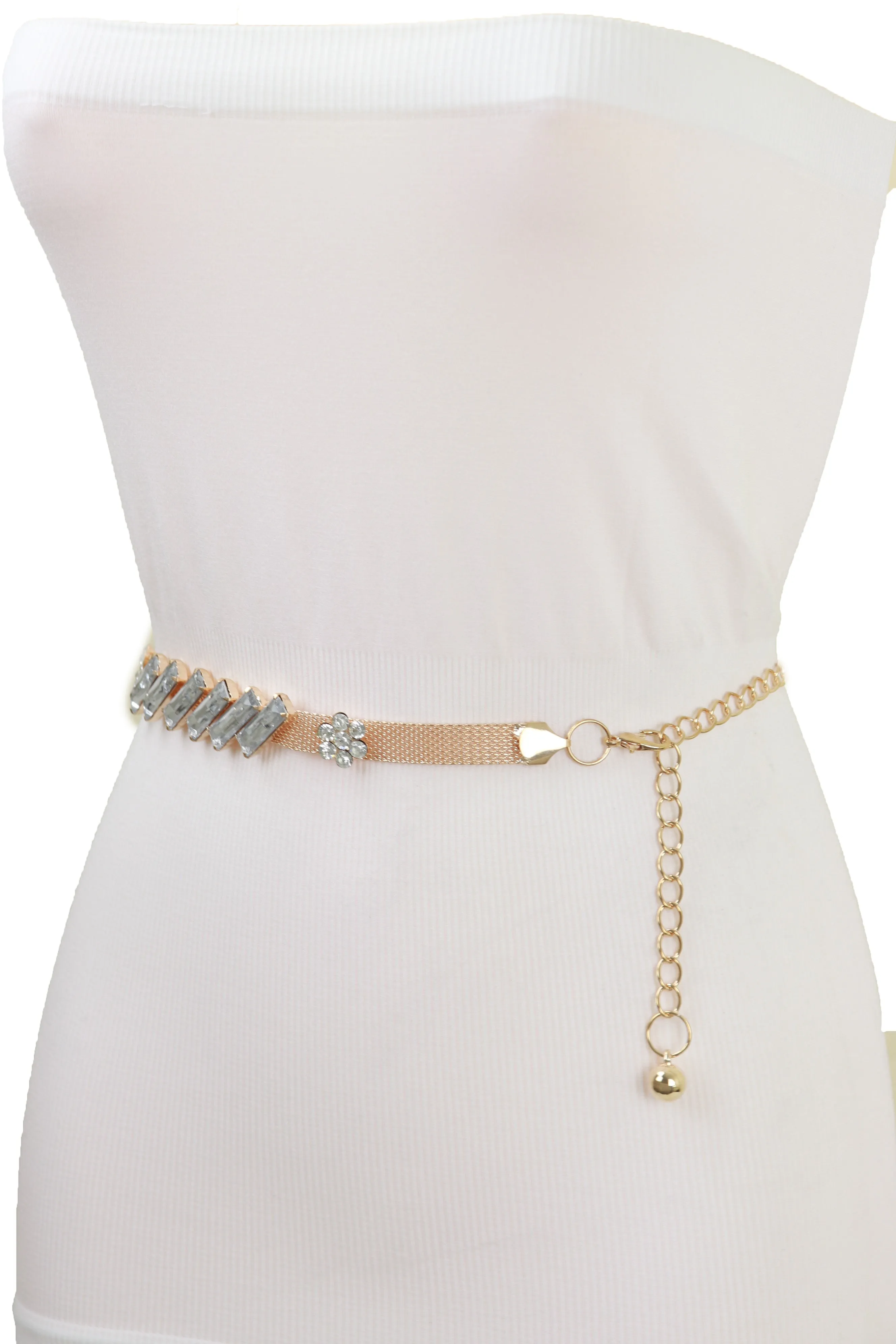 Gold Metal Chain Belt Flower Charms Long Beads Size S M L