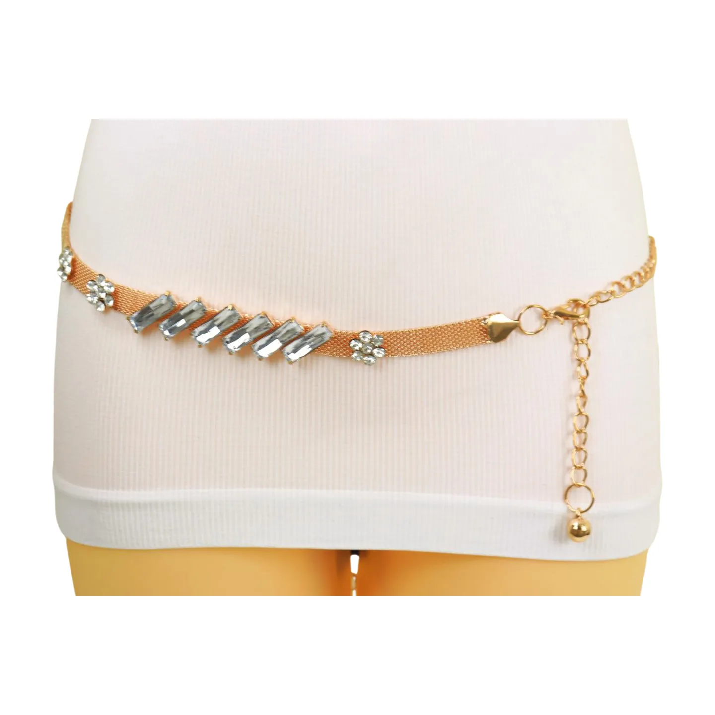 Gold Metal Chain Belt Flower Charms Long Beads Size S M L