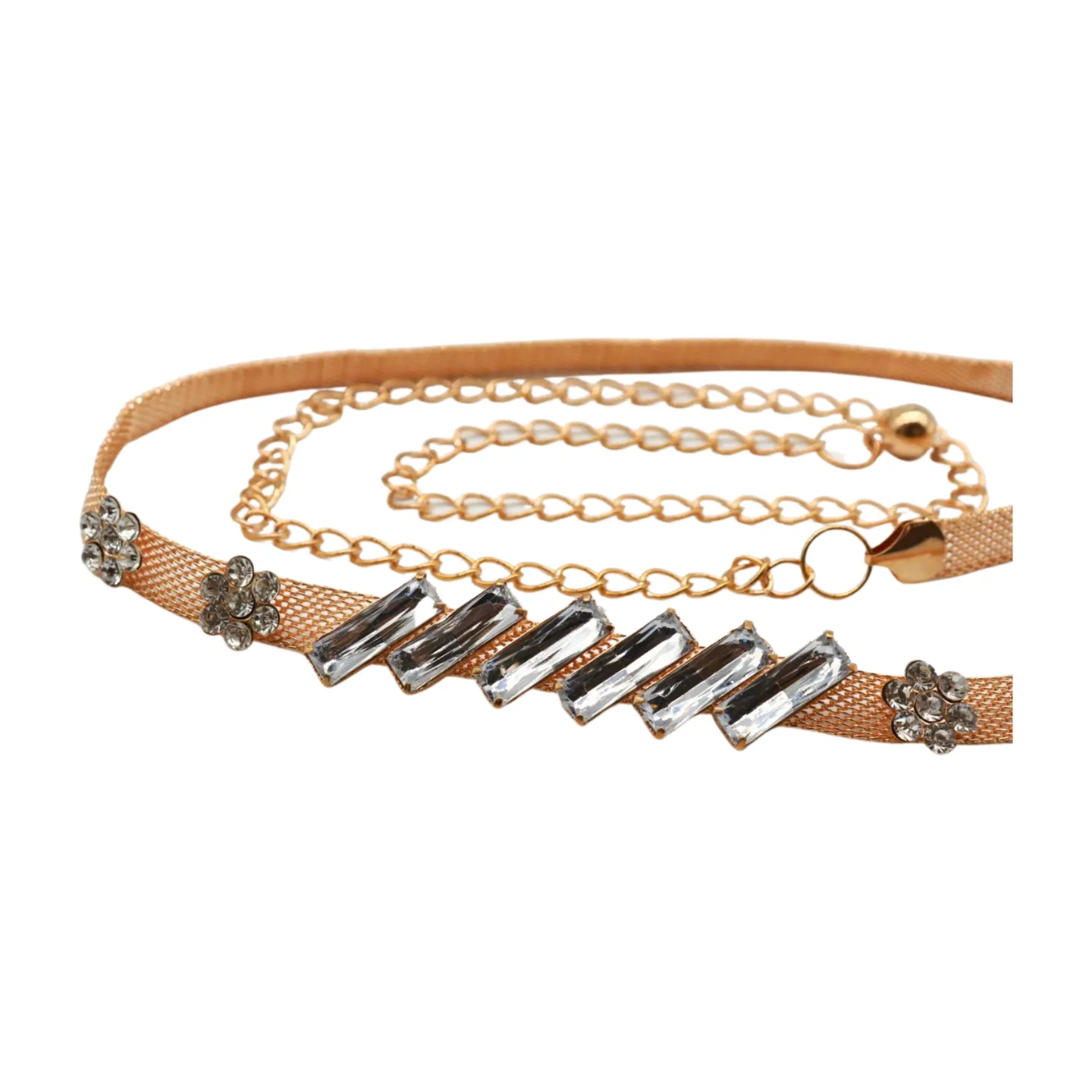 Gold Metal Chain Belt Flower Charms Long Beads Size S M L
