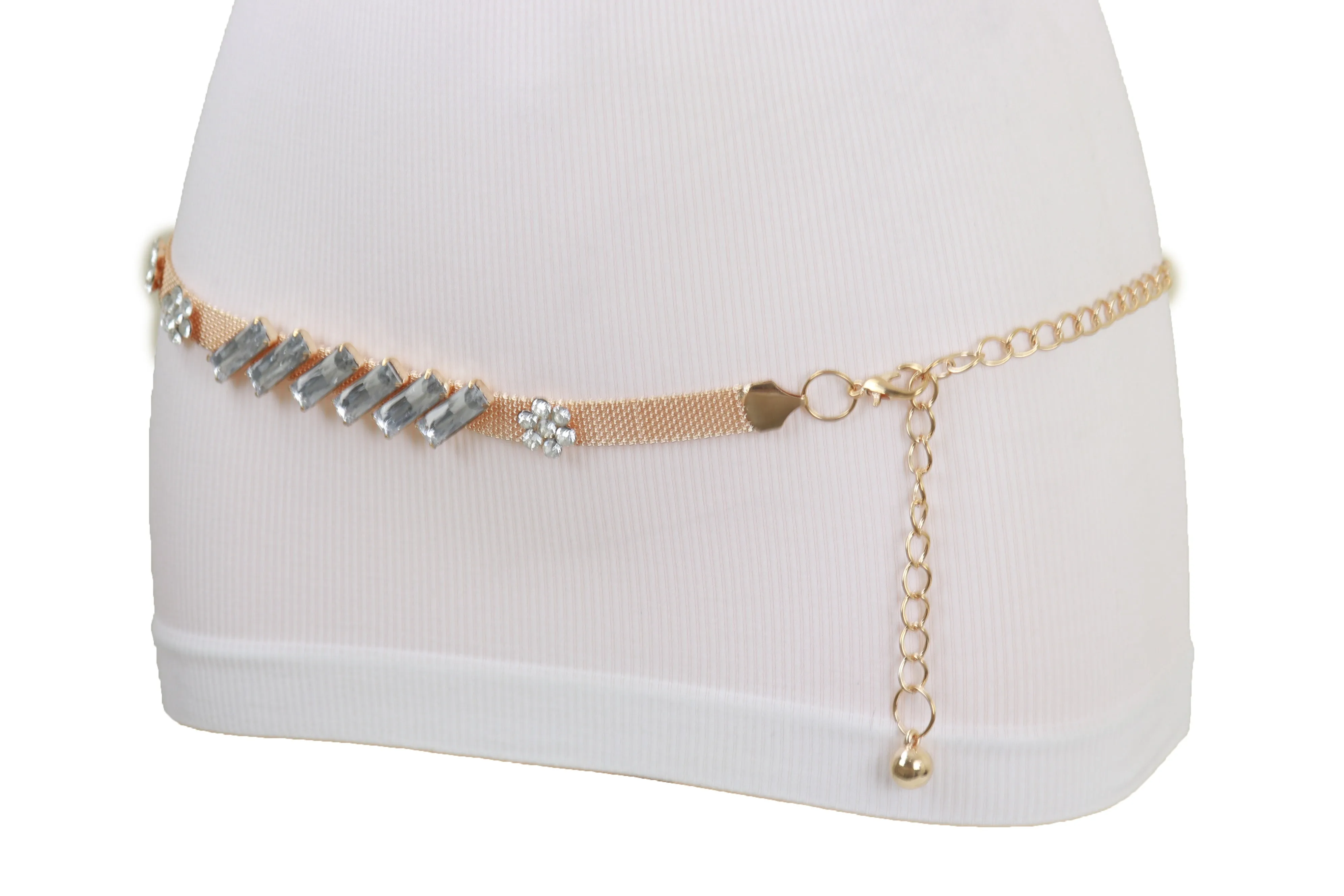 Gold Metal Chain Belt Flower Charms Long Beads Size S M L