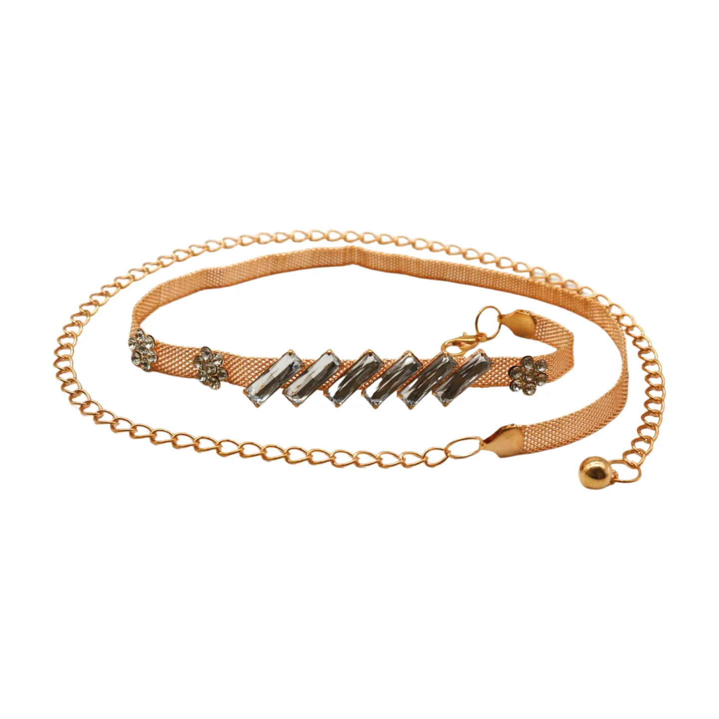 Gold Metal Chain Belt Flower Charms Long Beads Size S M L