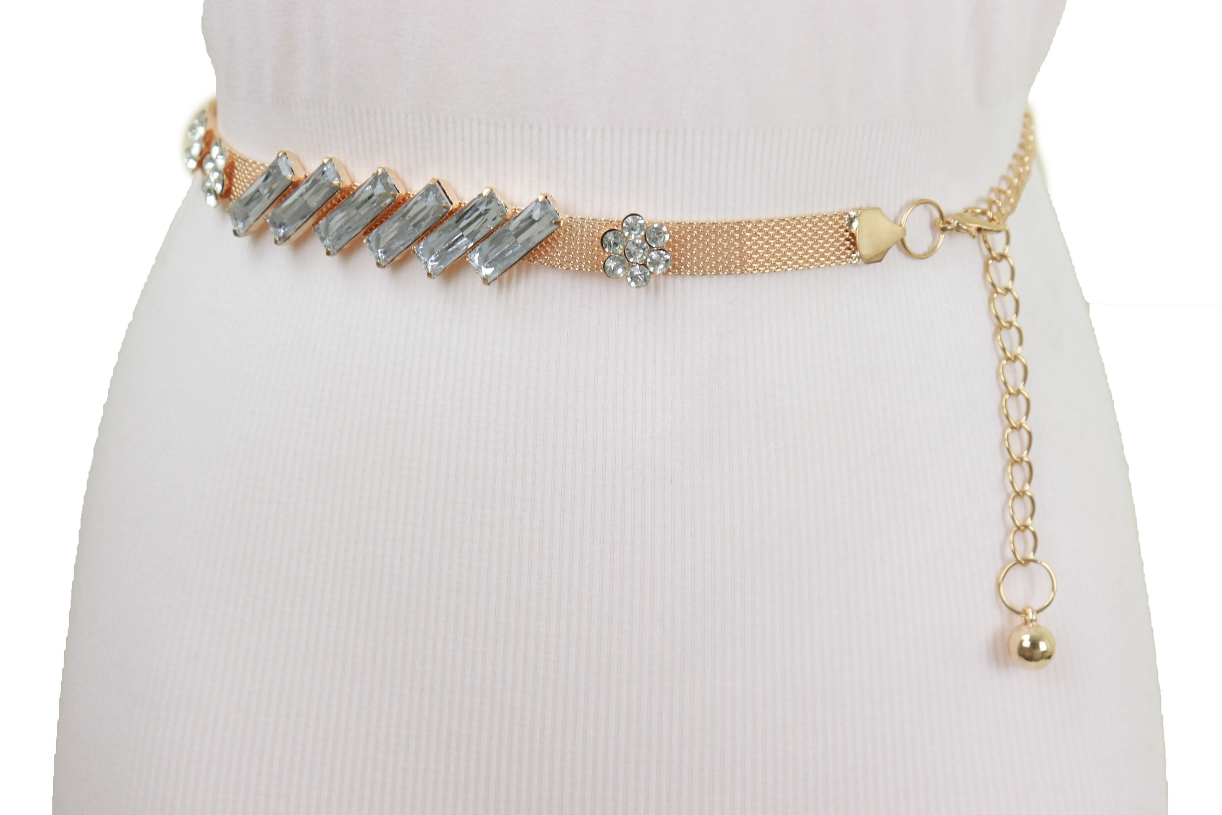 Gold Metal Chain Belt Flower Charms Long Beads Size S M L