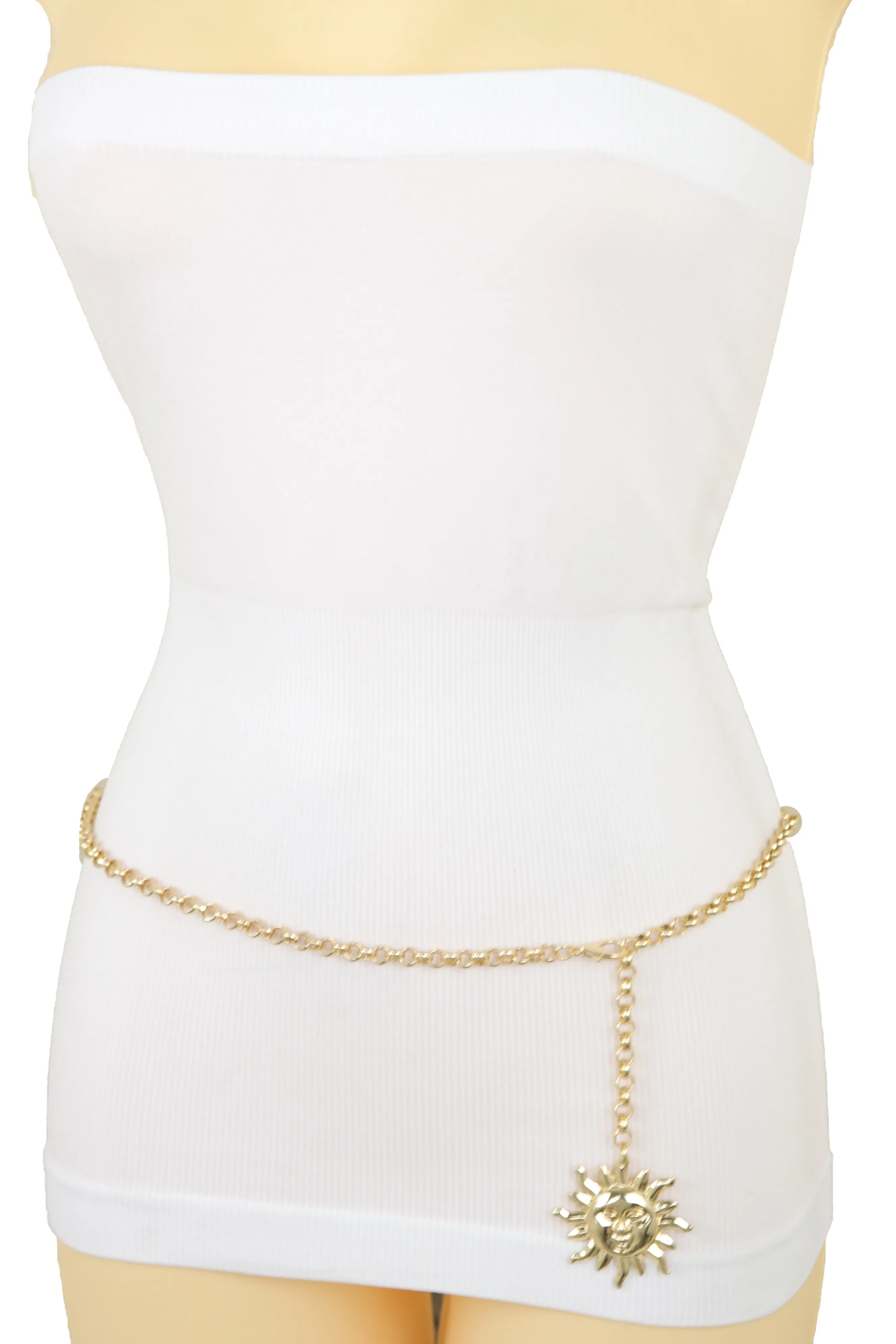 Gold Metal Chain Links Skinny Trendy Belt Hip High Waist Sun Charm M L XL