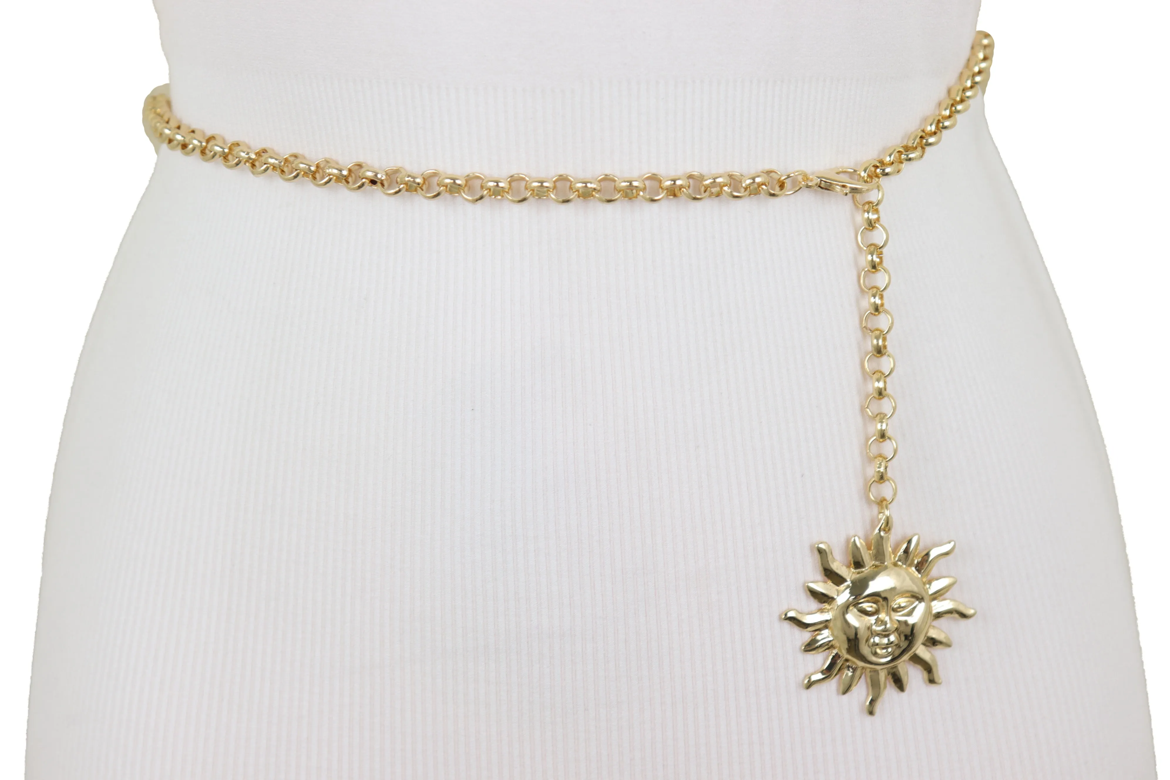 Gold Metal Chain Links Skinny Trendy Belt Hip High Waist Sun Charm M L XL