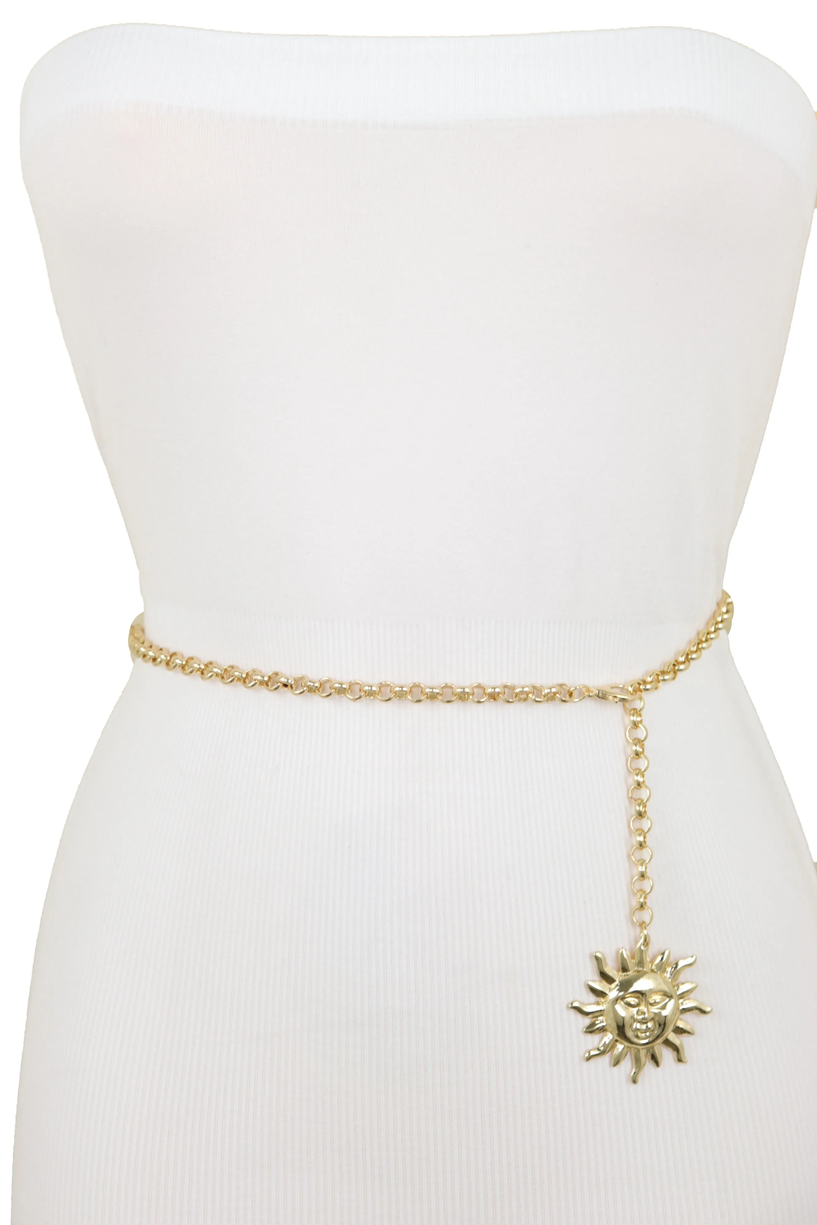 Gold Metal Chain Links Skinny Trendy Belt Hip High Waist Sun Charm M L XL