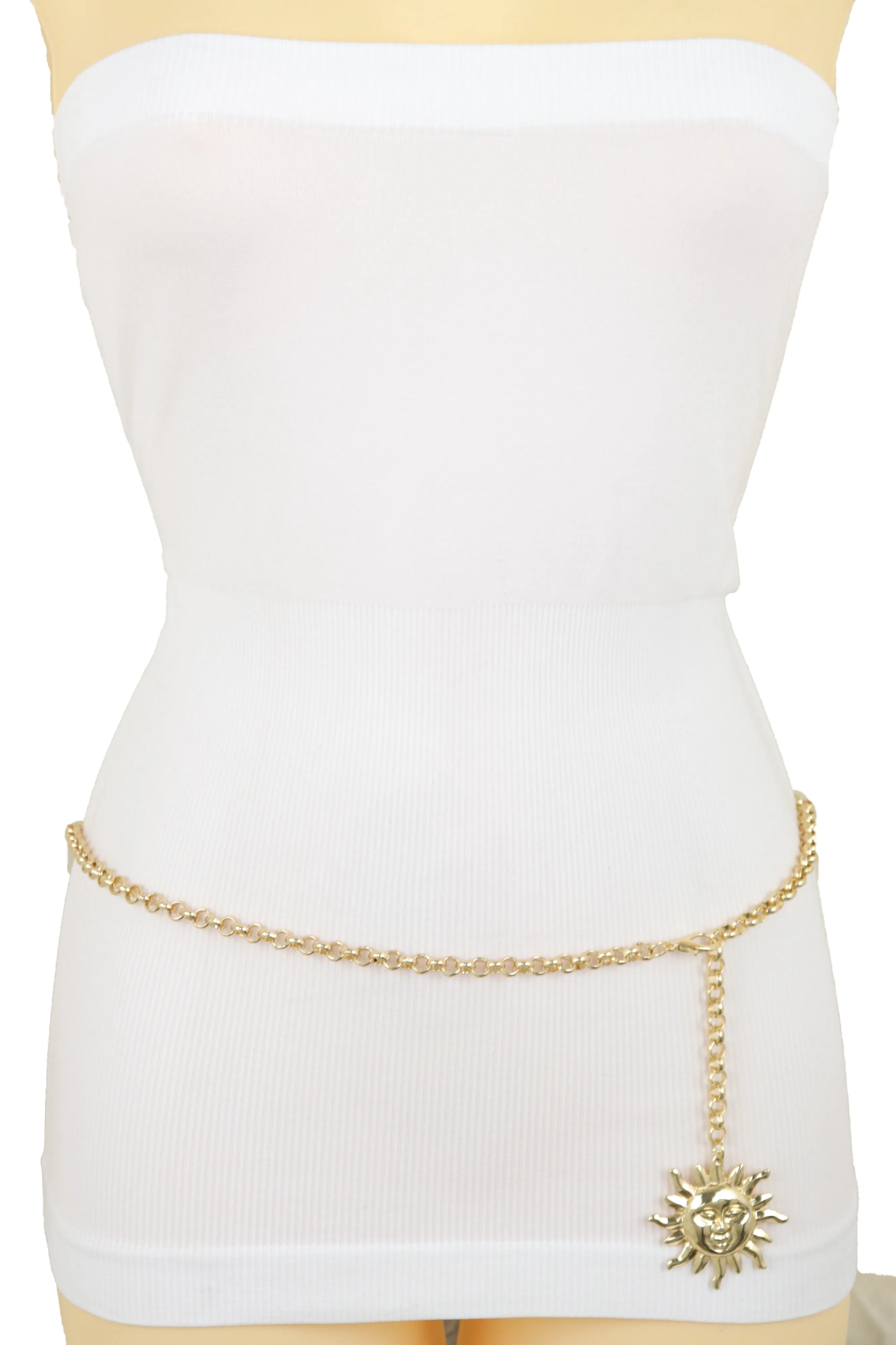 Gold Metal Chain Links Skinny Trendy Belt Hip High Waist Sun Charm M L XL