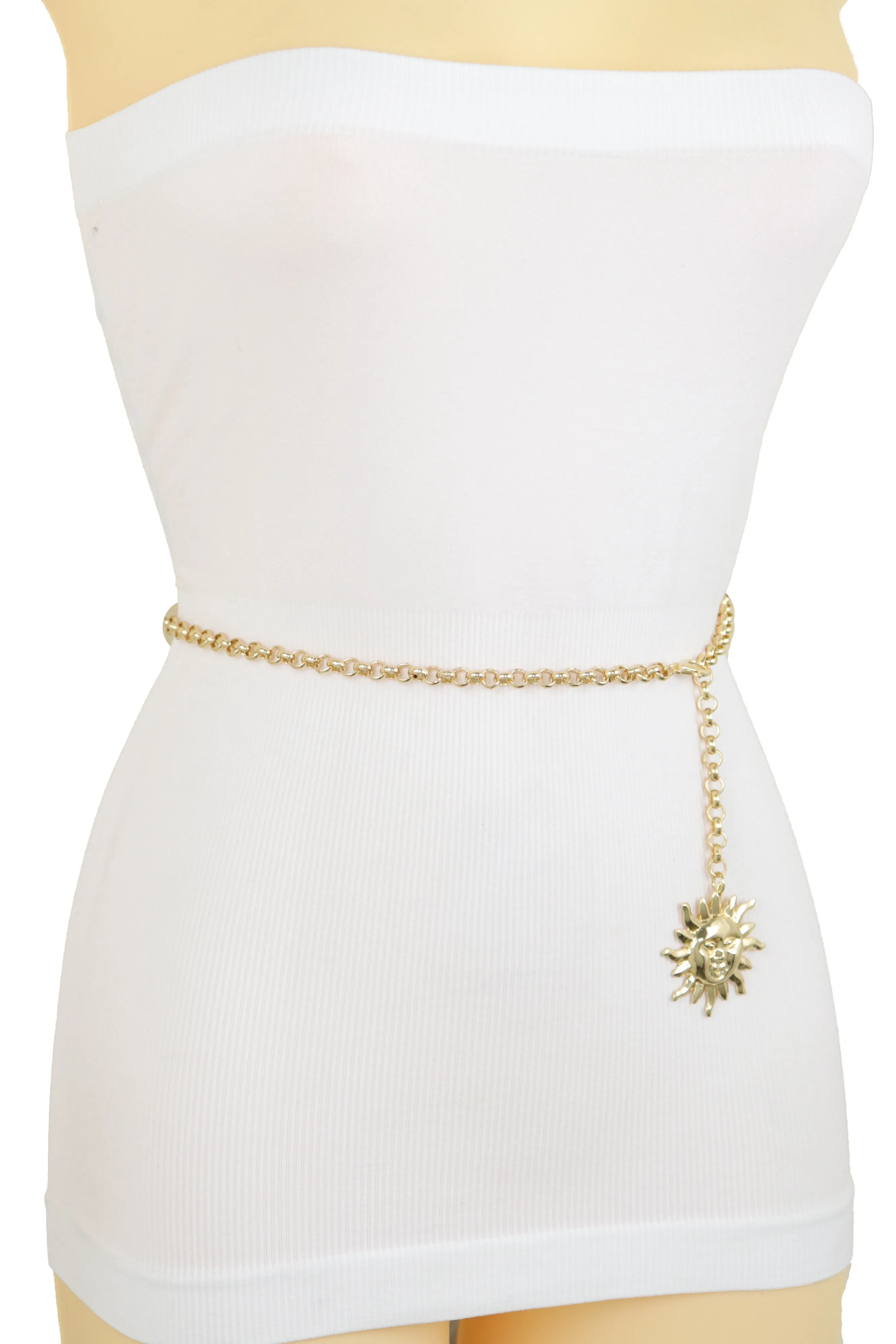 Gold Metal Chain Links Skinny Trendy Belt Hip High Waist Sun Charm M L XL