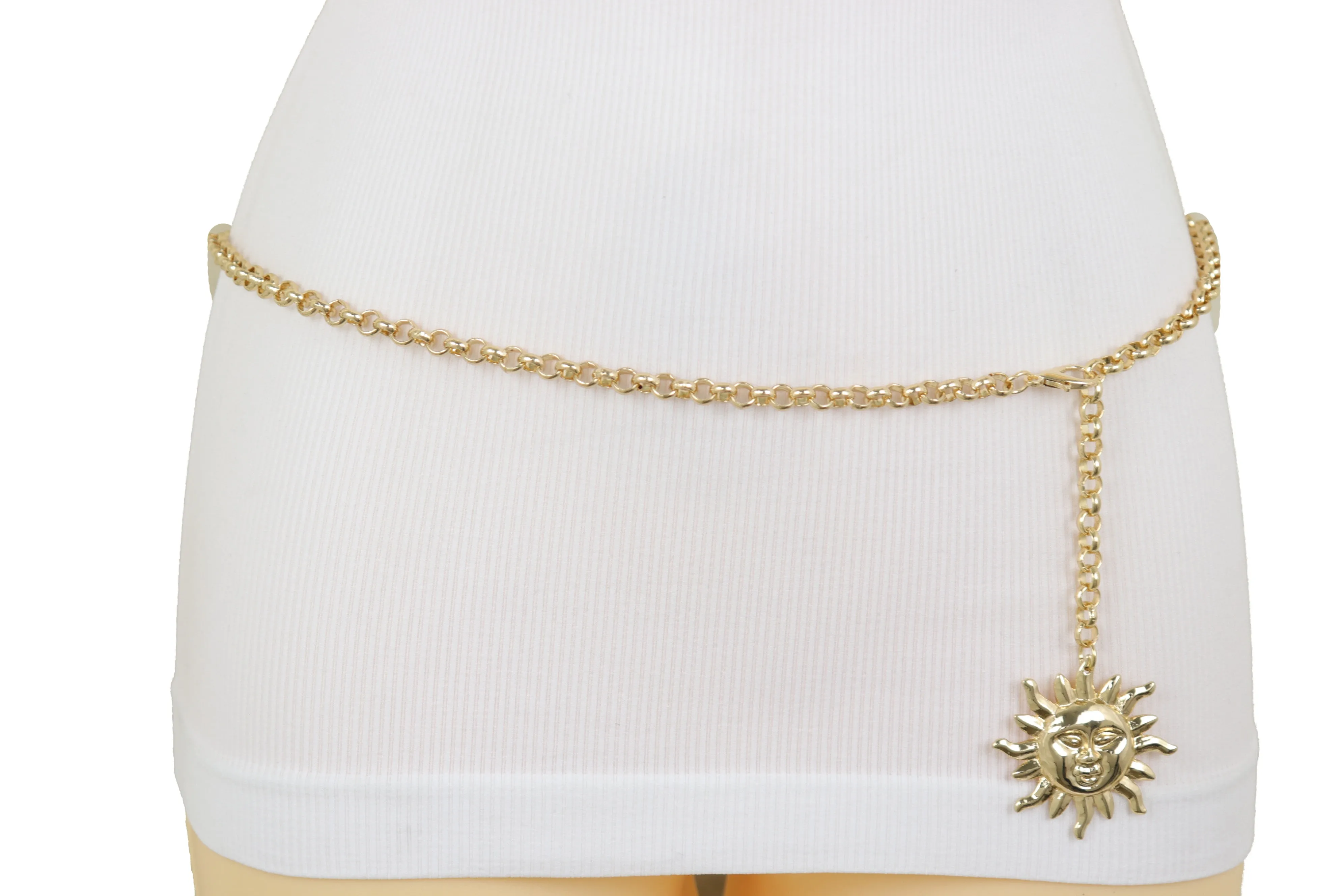 Gold Metal Chain Links Skinny Trendy Belt Hip High Waist Sun Charm M L XL