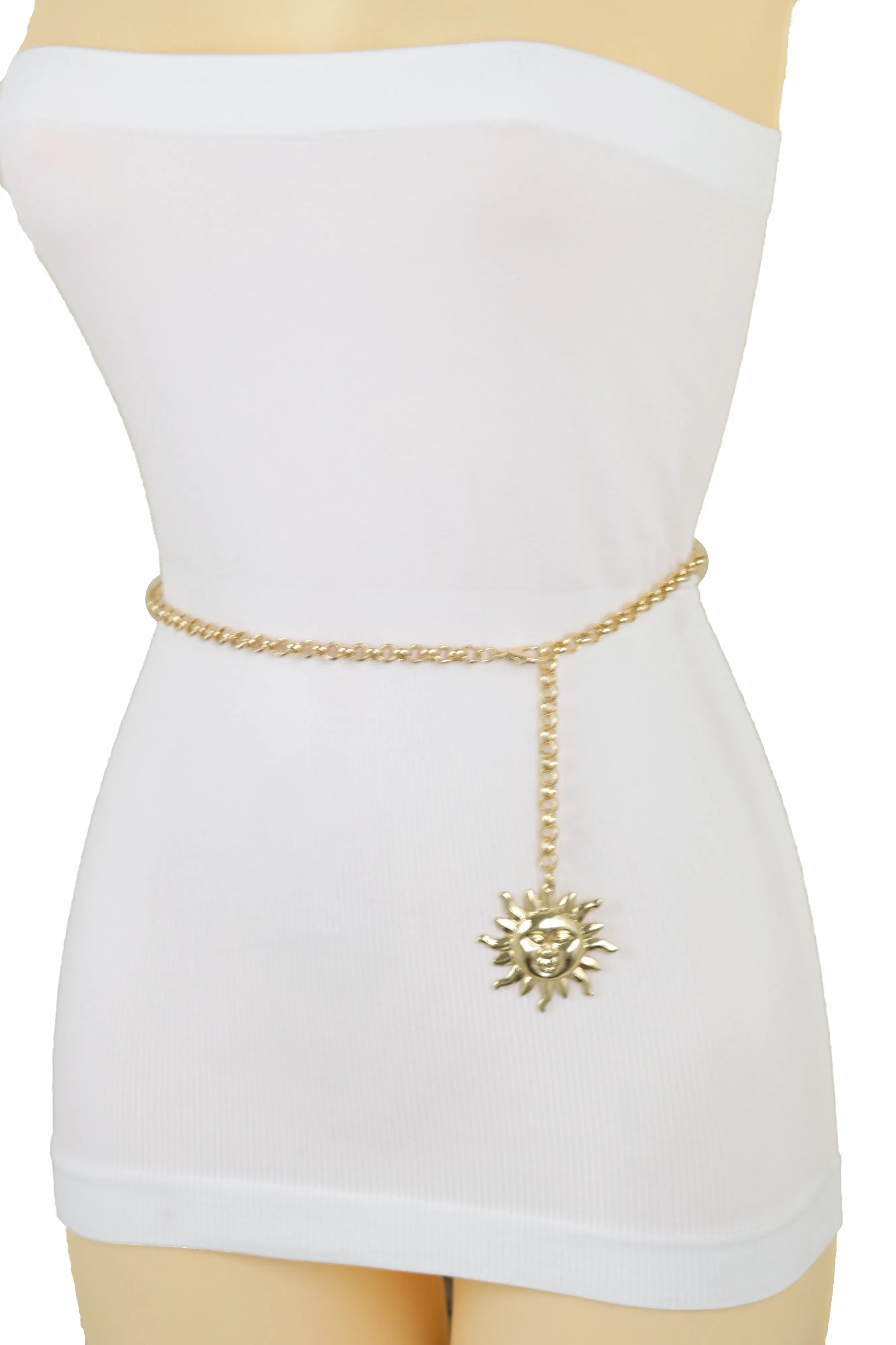Gold Metal Chain Links Skinny Trendy Belt Hip High Waist Sun Charm M L XL