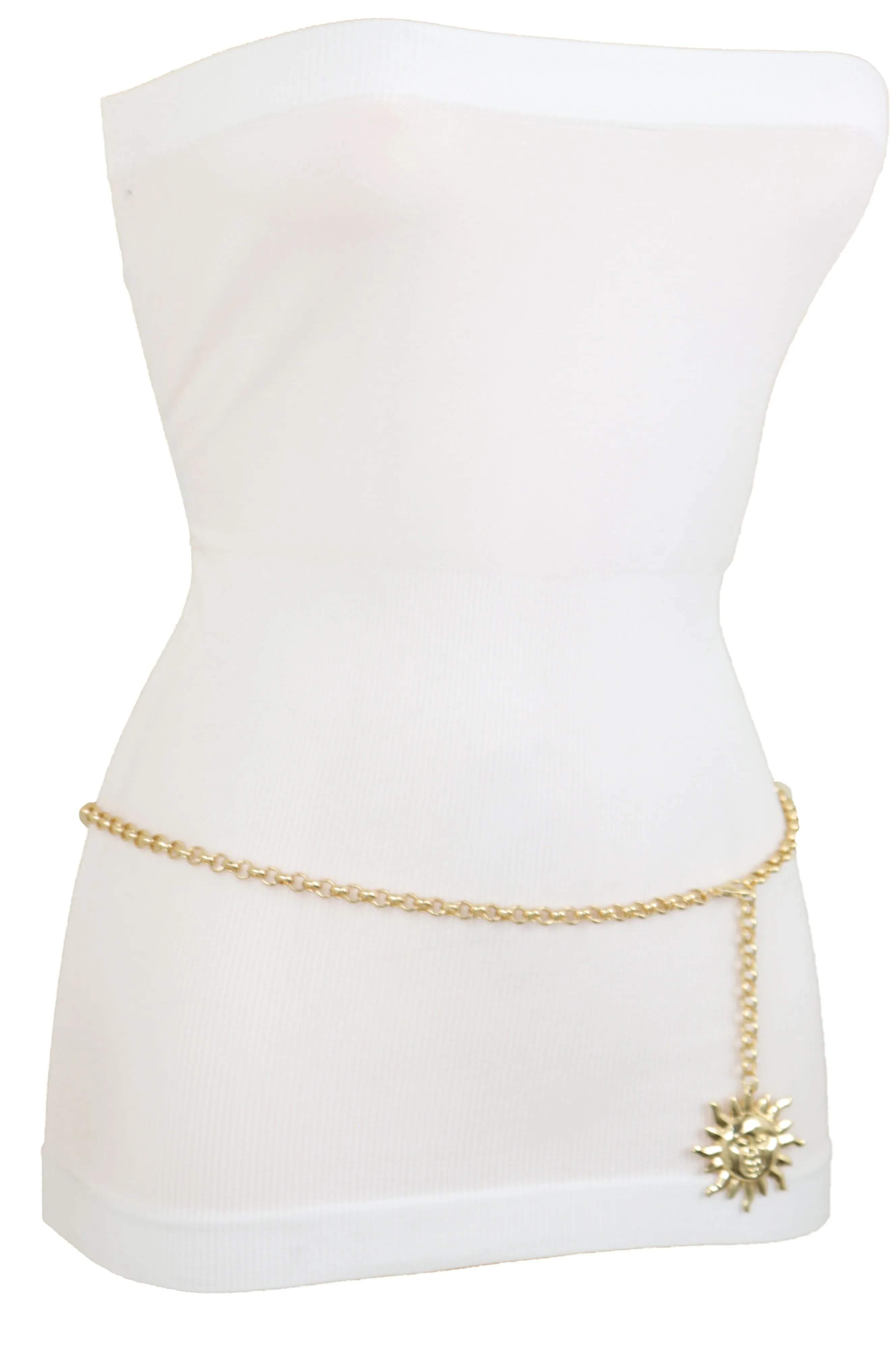Gold Metal Chain Links Skinny Trendy Belt Hip High Waist Sun Charm M L XL