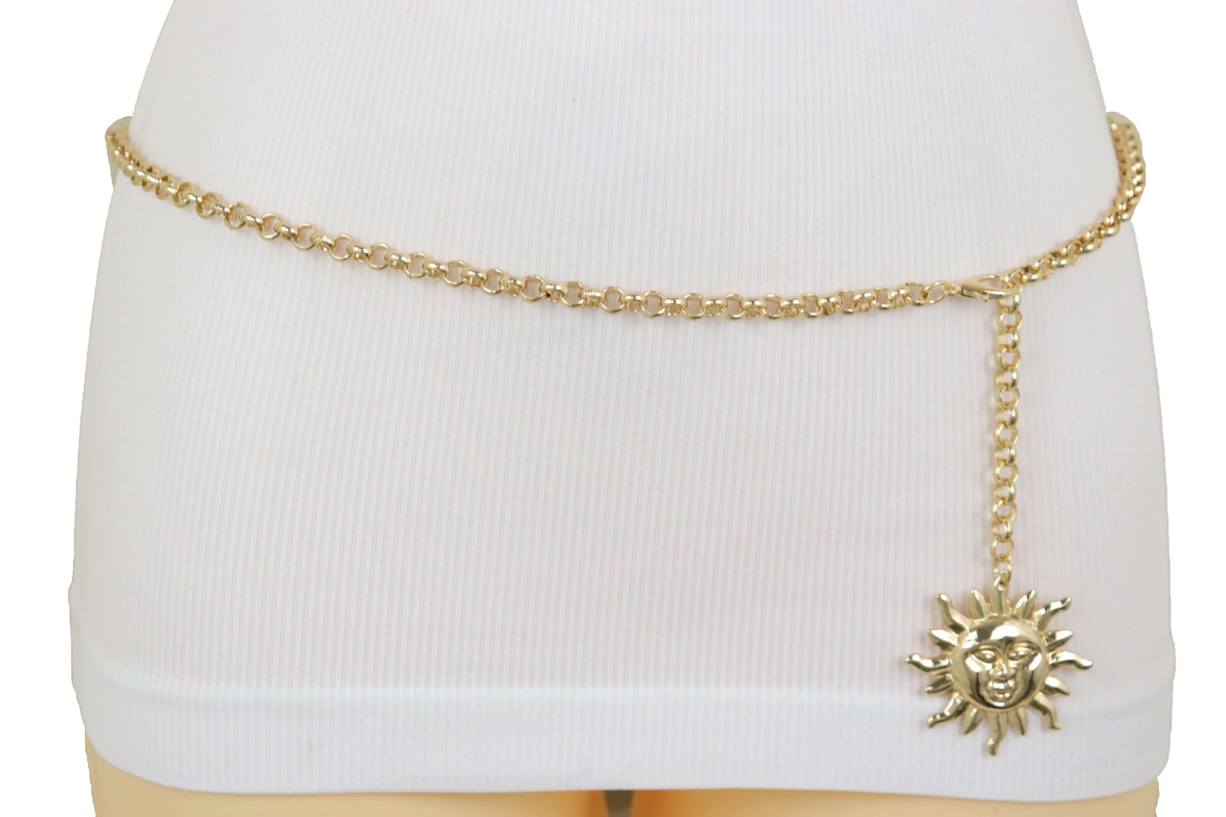 Gold Metal Chain Links Skinny Trendy Belt Hip High Waist Sun Charm M L XL