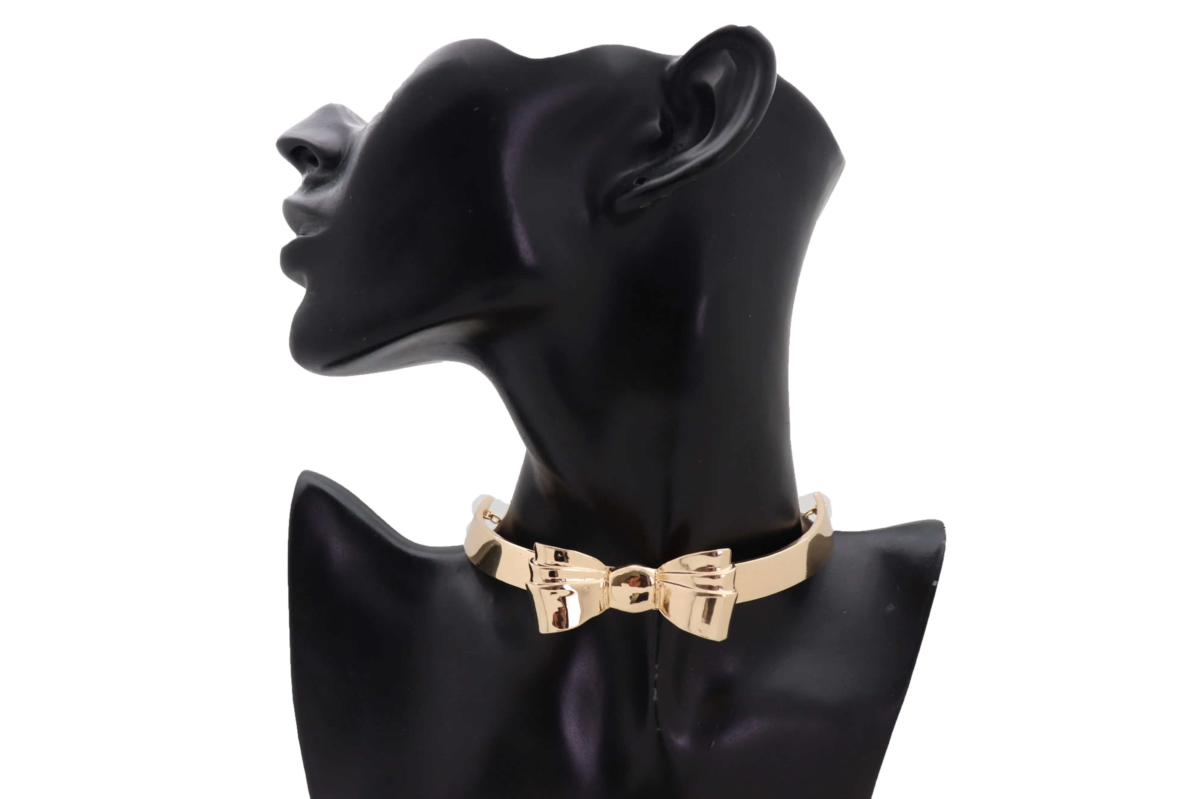 Gold Metal Chain Short Choker Necklace Bow Ribbon Pendant