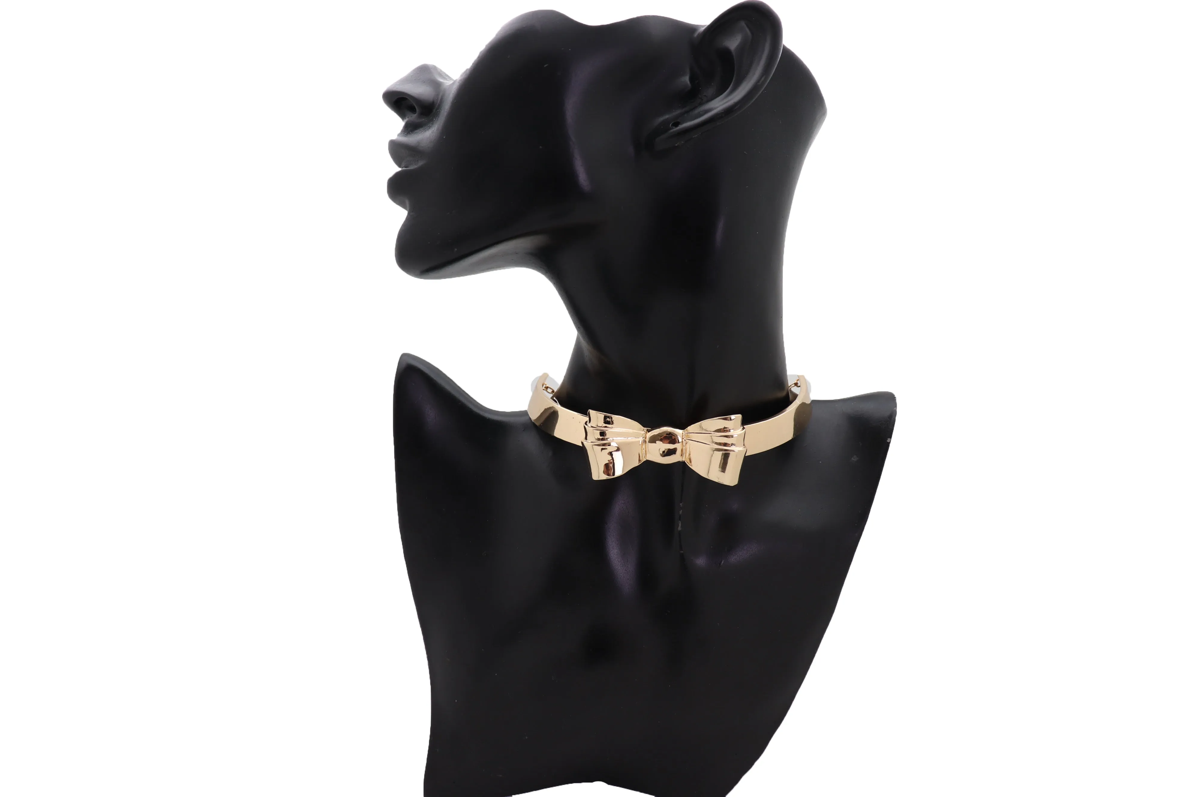 Gold Metal Chain Short Choker Necklace Bow Ribbon Pendant