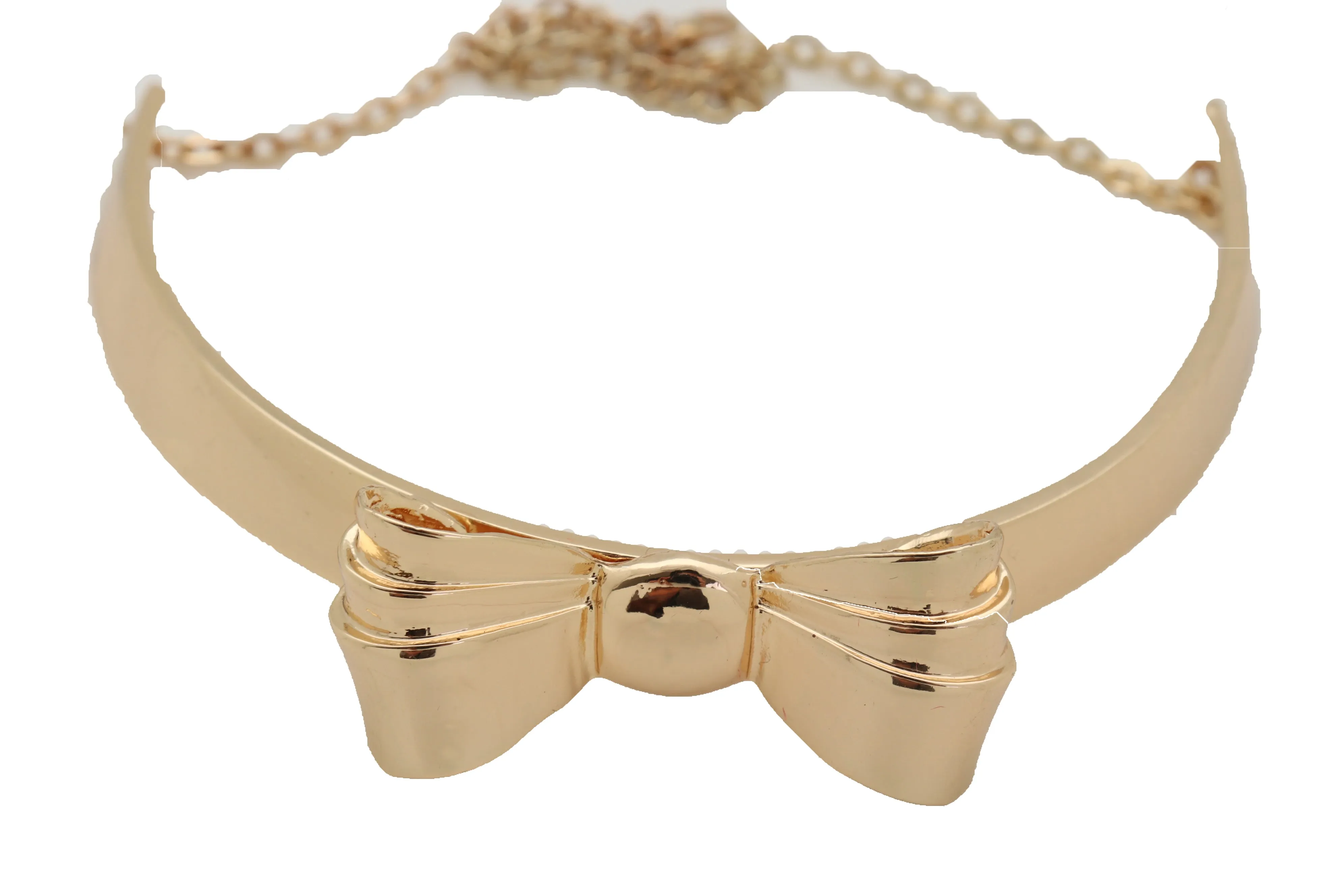 Gold Metal Chain Short Choker Necklace Bow Ribbon Pendant