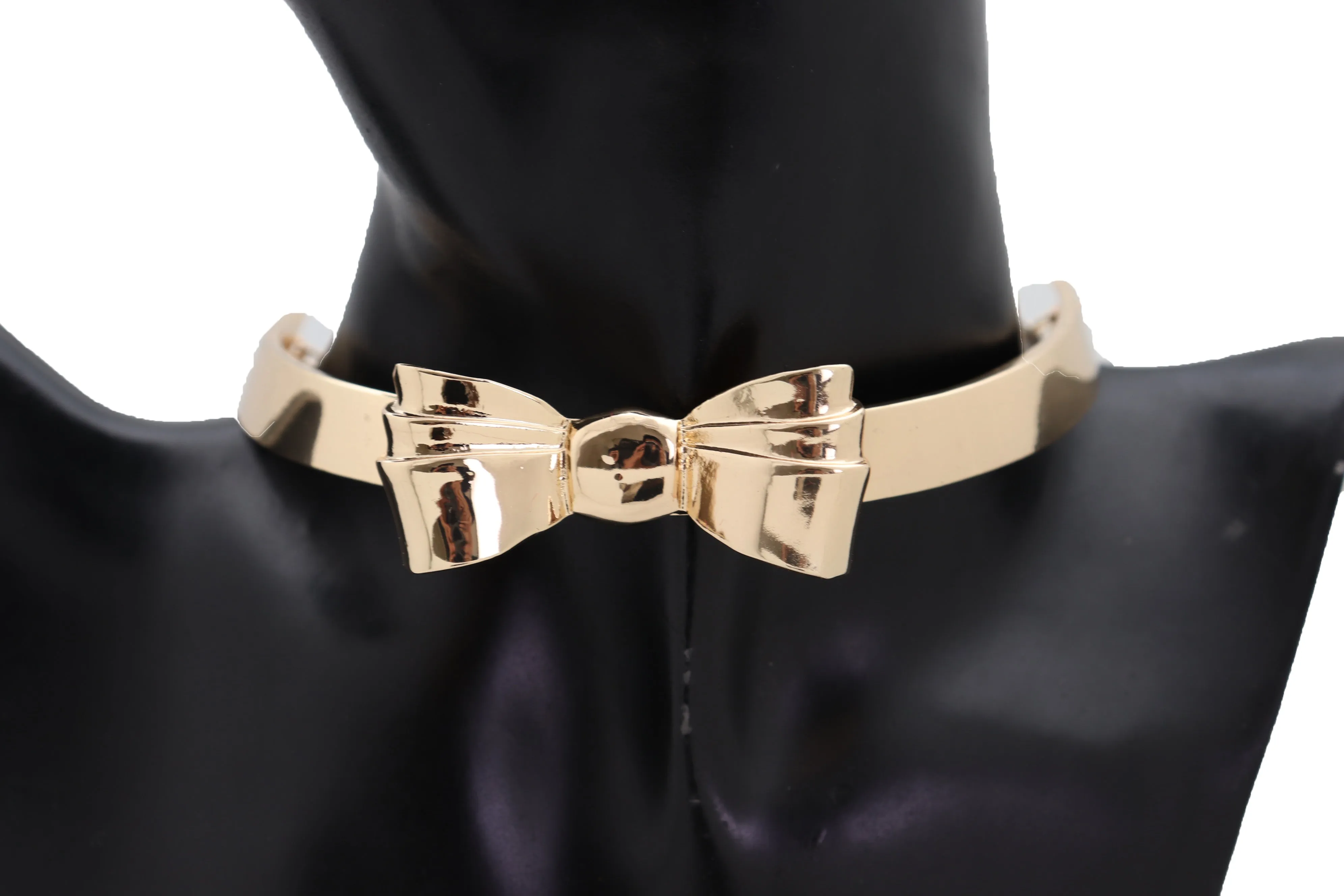 Gold Metal Chain Short Choker Necklace Bow Ribbon Pendant