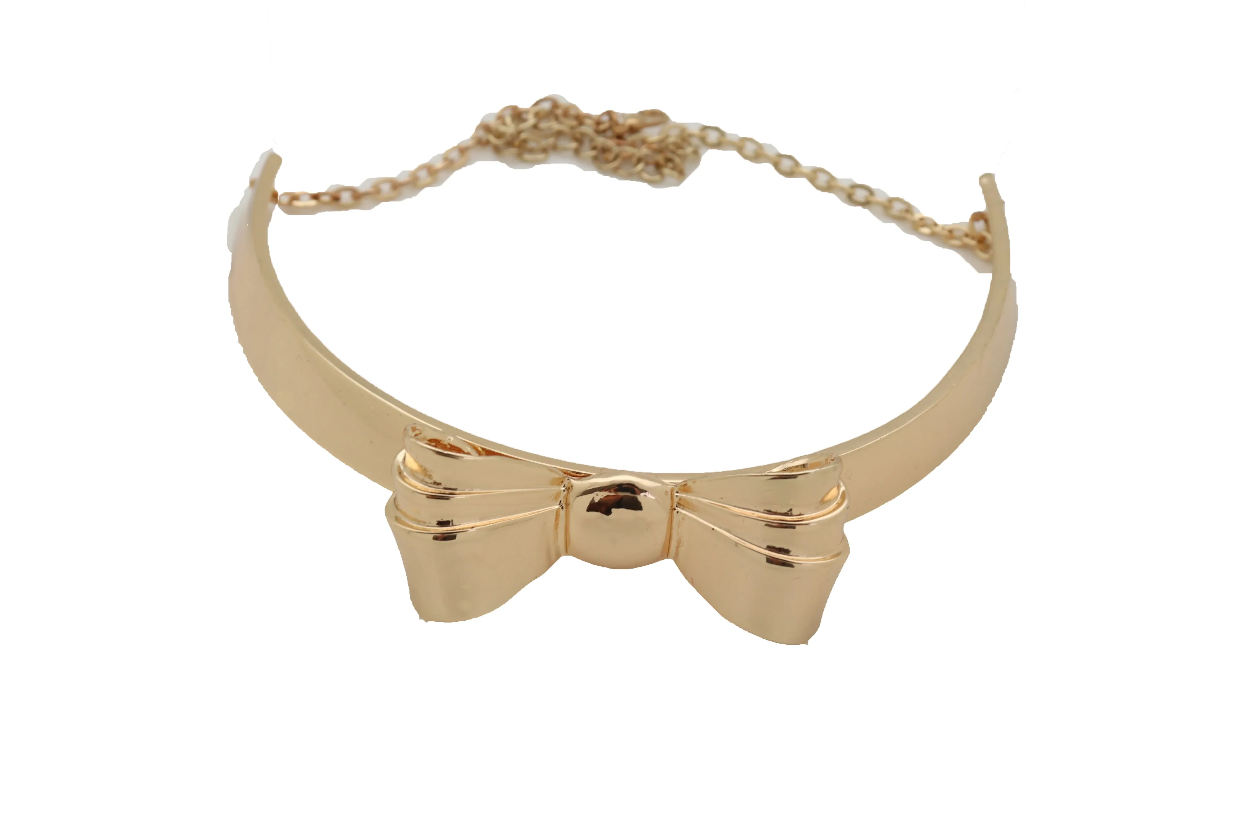Gold Metal Chain Short Choker Necklace Bow Ribbon Pendant