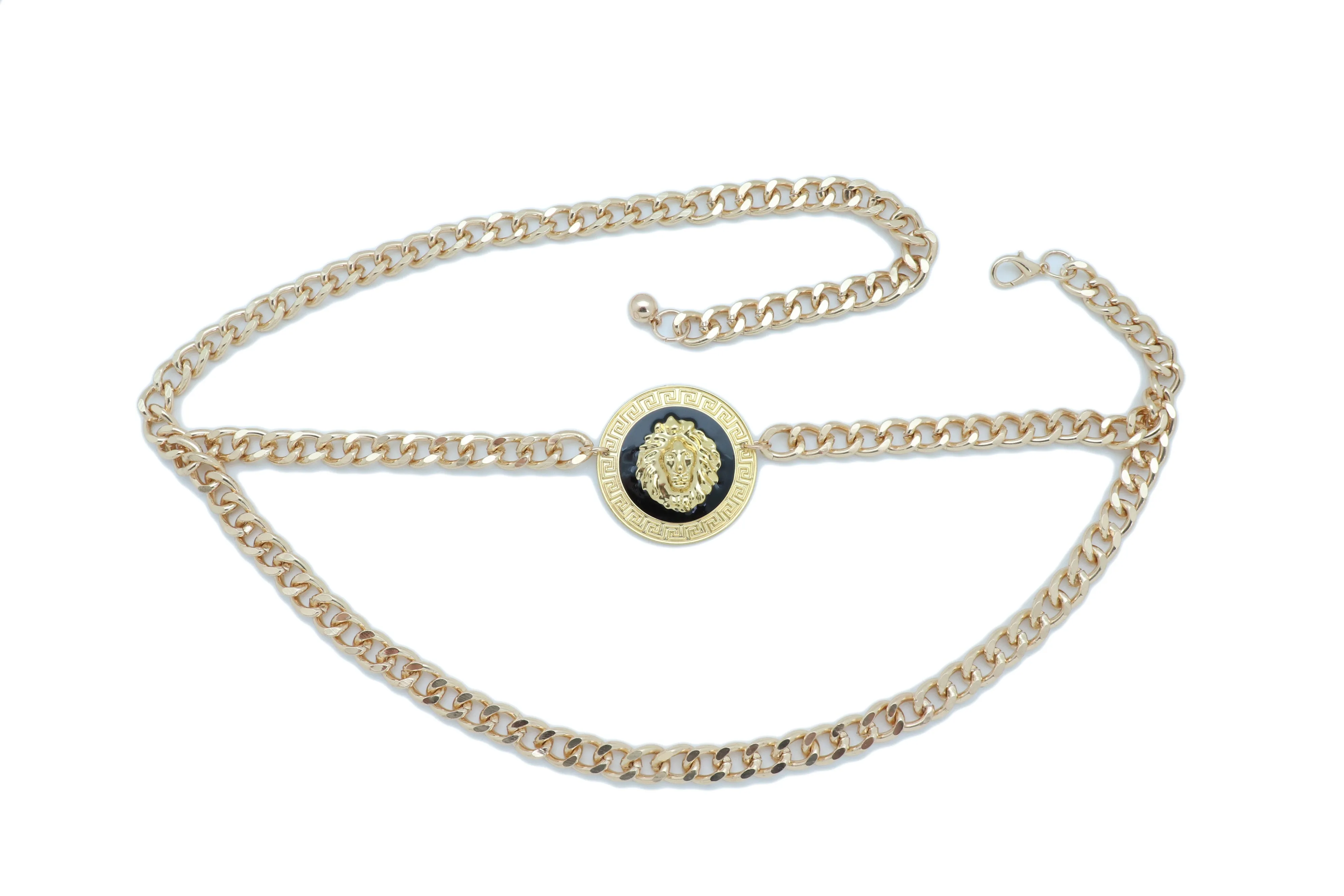 Gold Metal Wave Chain Belt with Lion Medallion Pendant