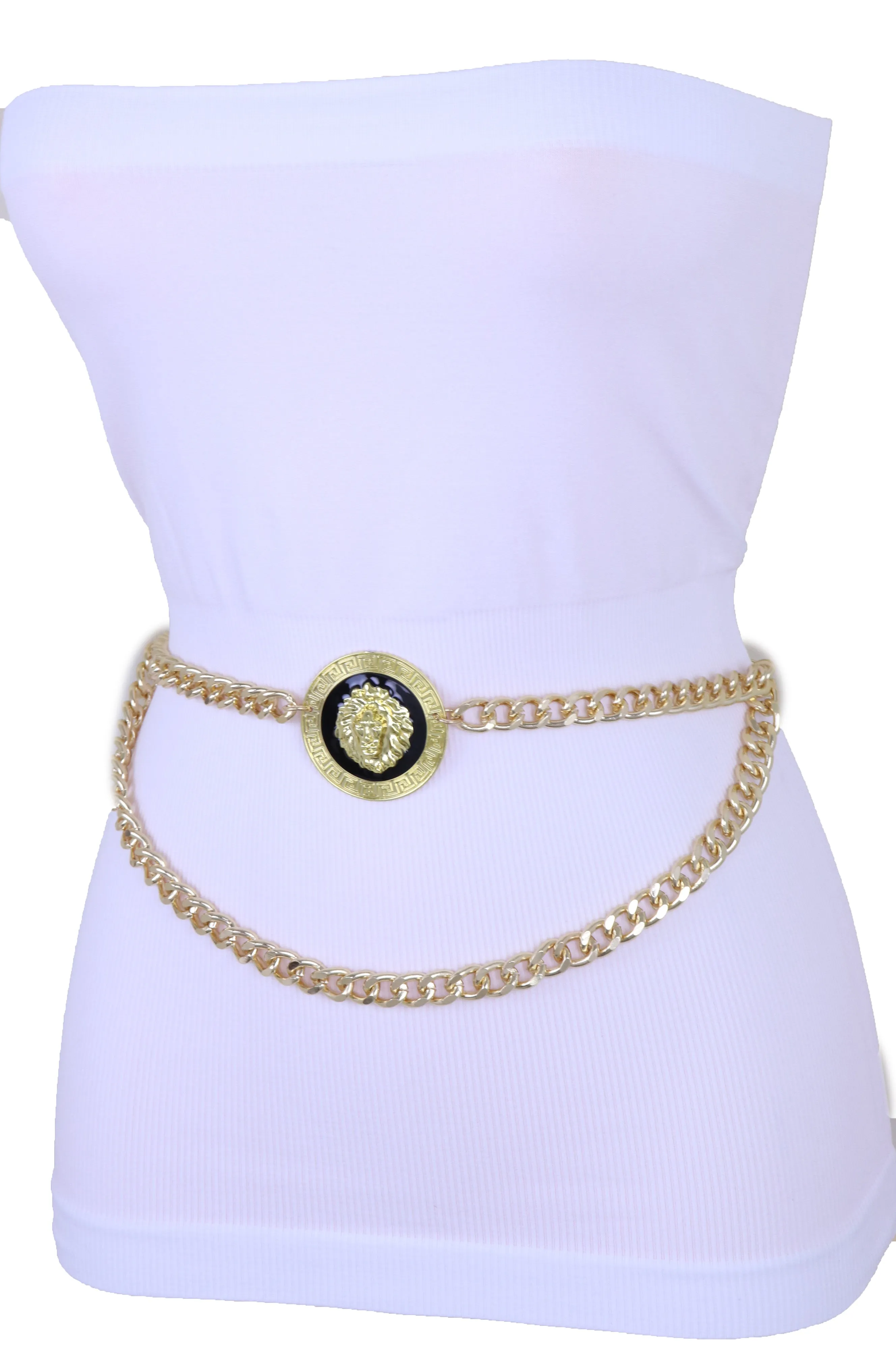 Gold Metal Wave Chain Belt with Lion Medallion Pendant