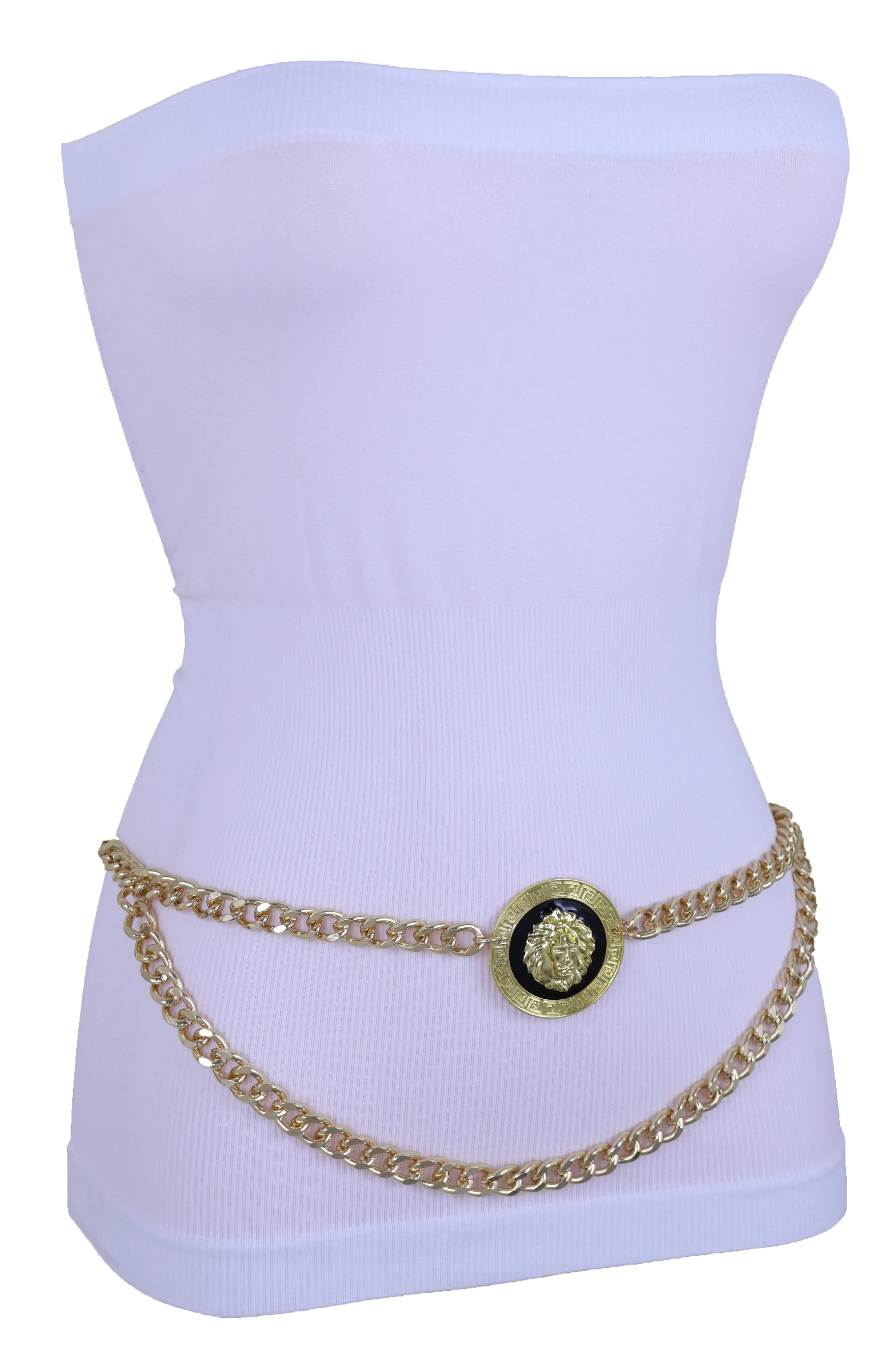 Gold Metal Wave Chain Belt with Lion Medallion Pendant