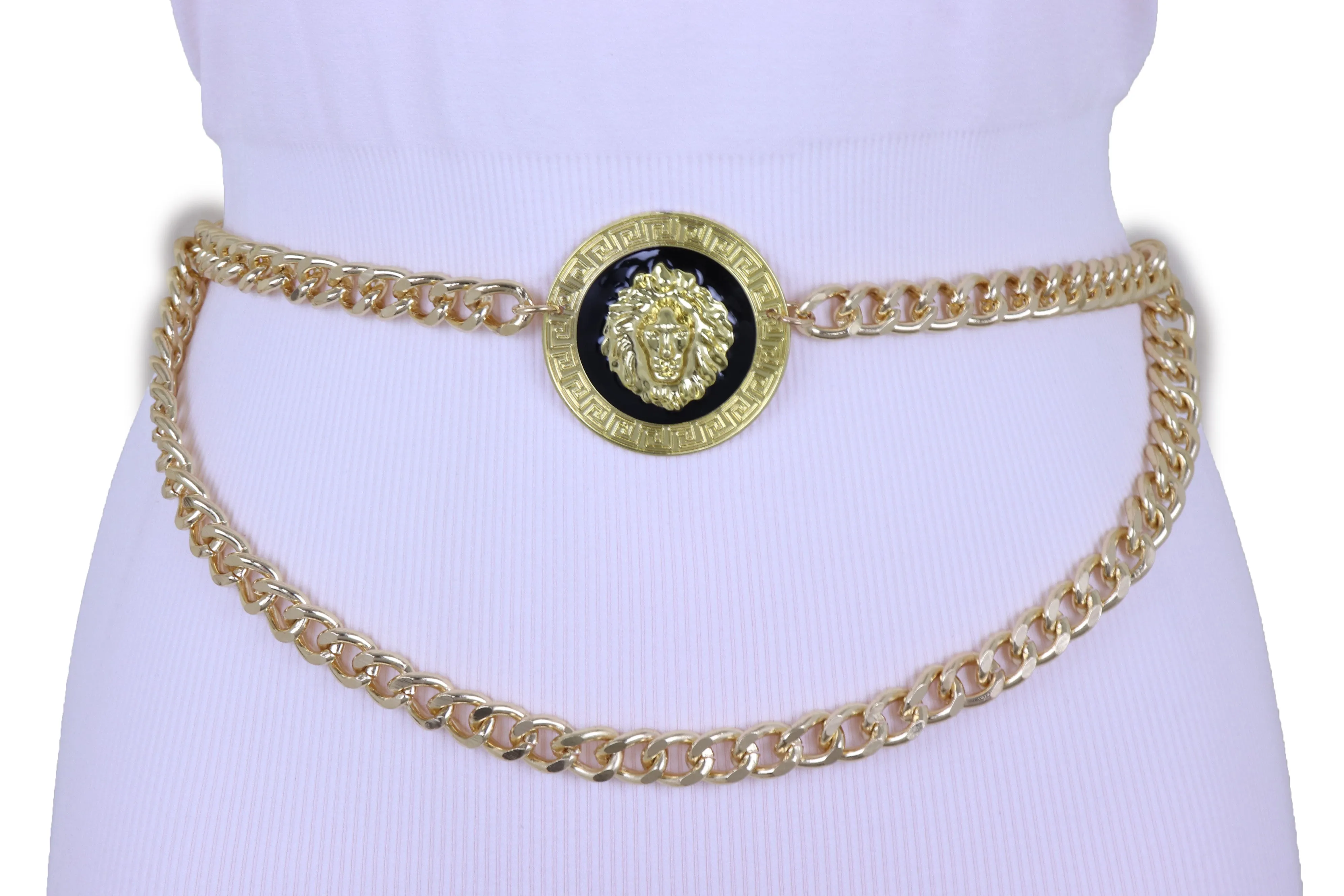 Gold Metal Wave Chain Belt with Lion Medallion Pendant