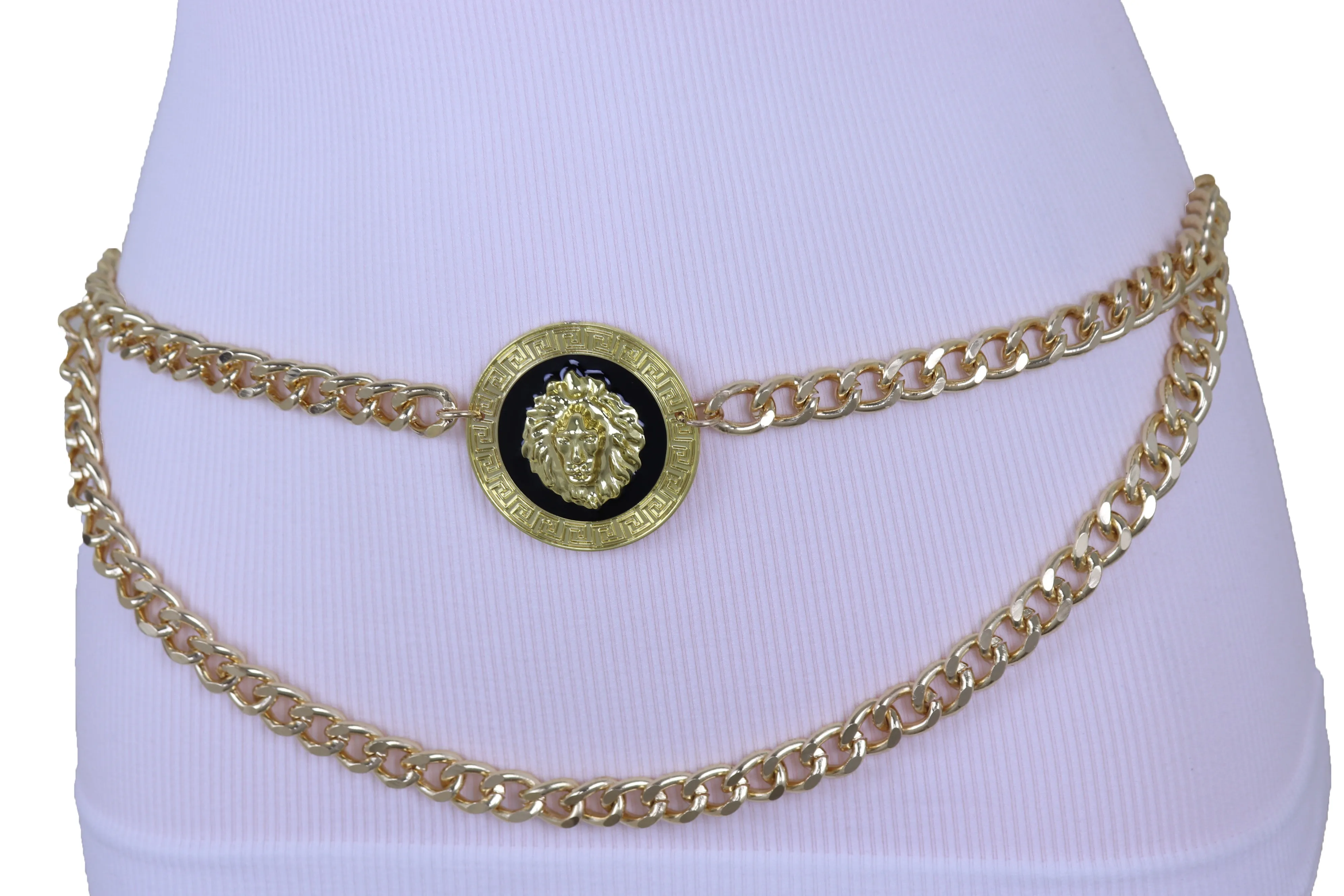 Gold Metal Wave Chain Belt with Lion Medallion Pendant