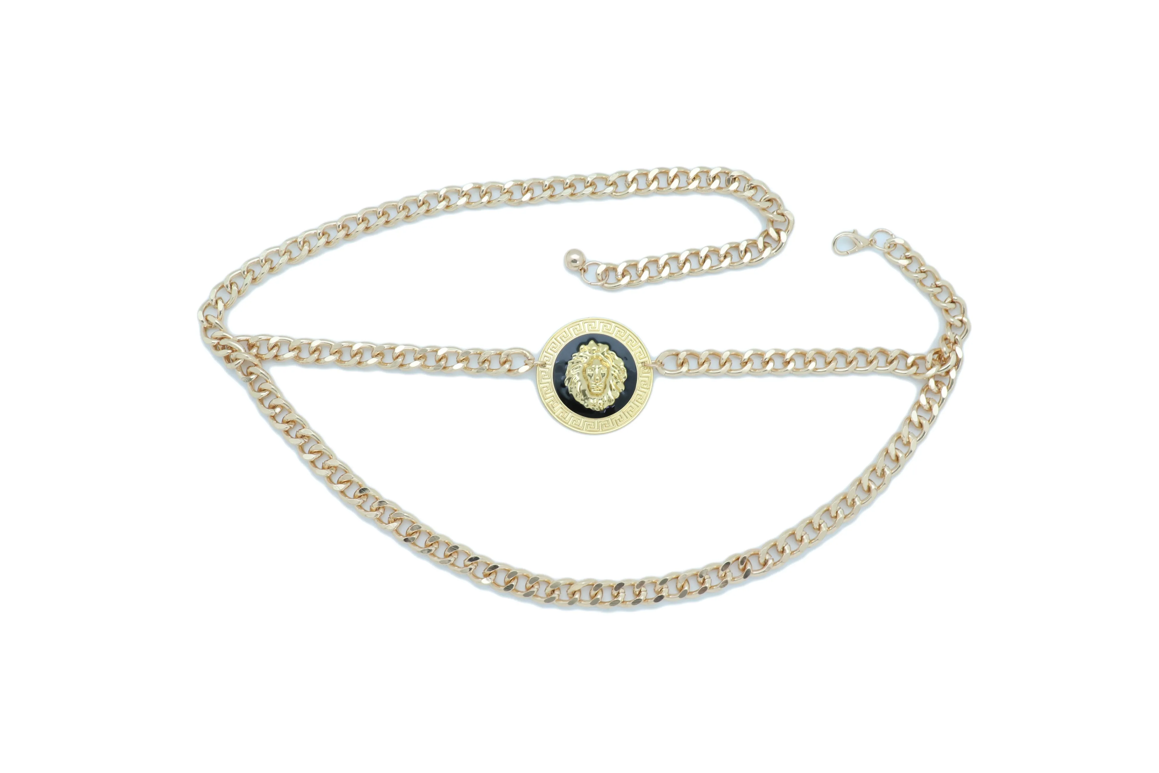 Gold Metal Wave Chain Belt with Lion Medallion Pendant
